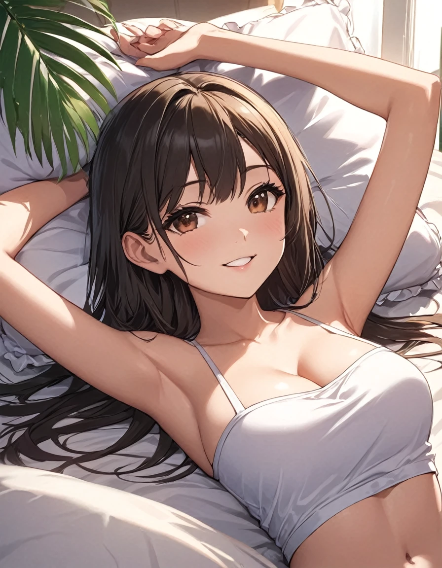 4k, materpiece, bestquality, detailed, detailed scenery, 1Girl, cute, adorable, straight hair, long hair, black hair, brown eyes, cleavage, smiling, Looking into the camera, Bedroom, morning, daylight,  tube top, lying on bed,
(on back:1.3),
(put head on pillow:1.3), (arms raised in air:1.3),
extend arms straight out,
(show palm:1.3), 
from above