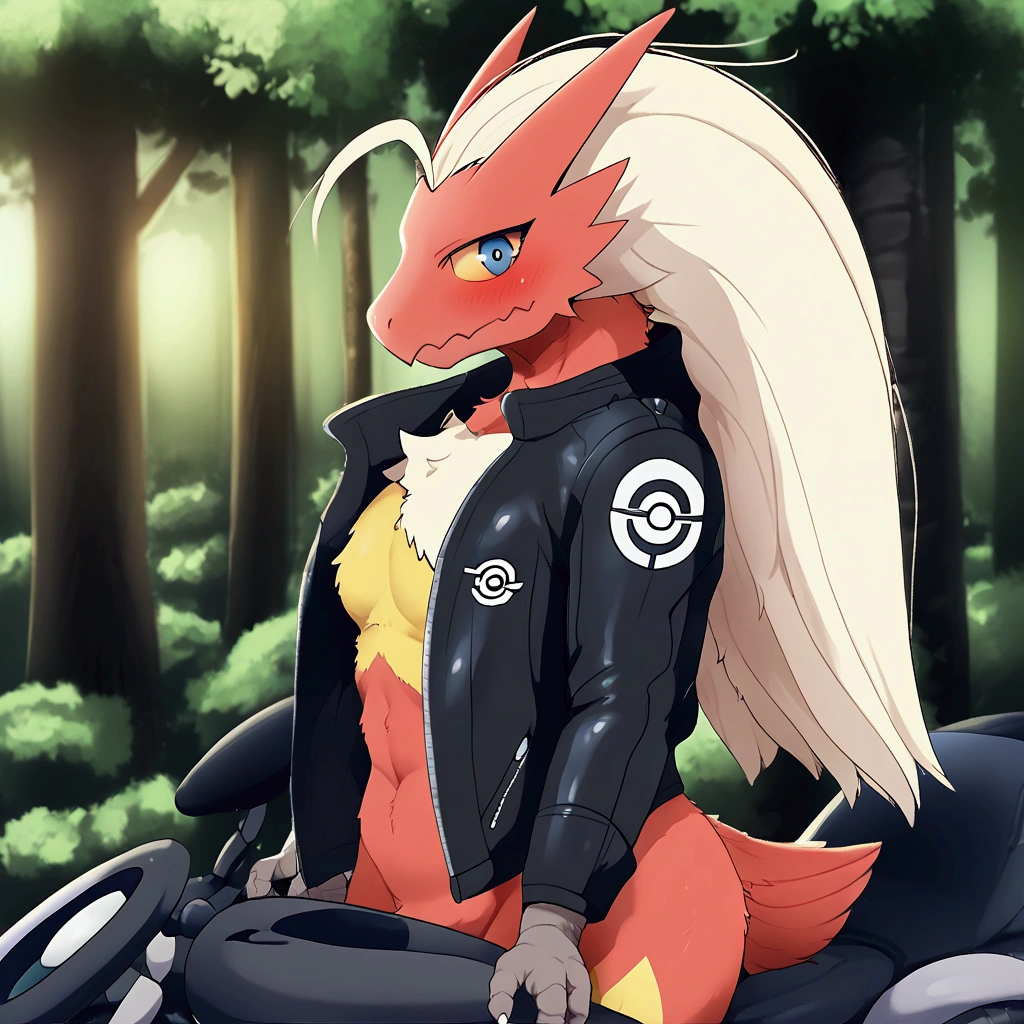 pokemon blaziken, wearing an insanely cool black leather biker jacket open, perfectly done anatomy, whole body, detailed eyes, detailed furry, looking at the viewer, in the center of the stage, several spectators, detailed viewers, forest, detailed scenery. 