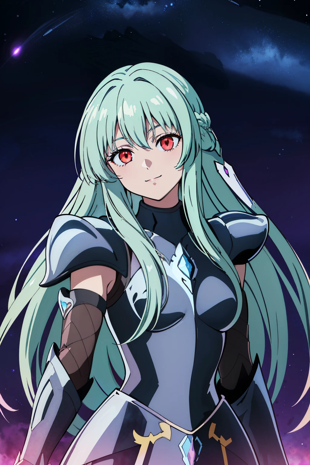 (high-quality, breathtaking),(expressive eyes, perfect face), 1girl, female, solo, armor, dark onyx purple armor, saint seiya armor, spectre armor, fantasy armor, light cyan blue hair, long hair, red eyes, ( watercolor \(medium\), night sky background, ice, small smile, Symmetrical Eyes
