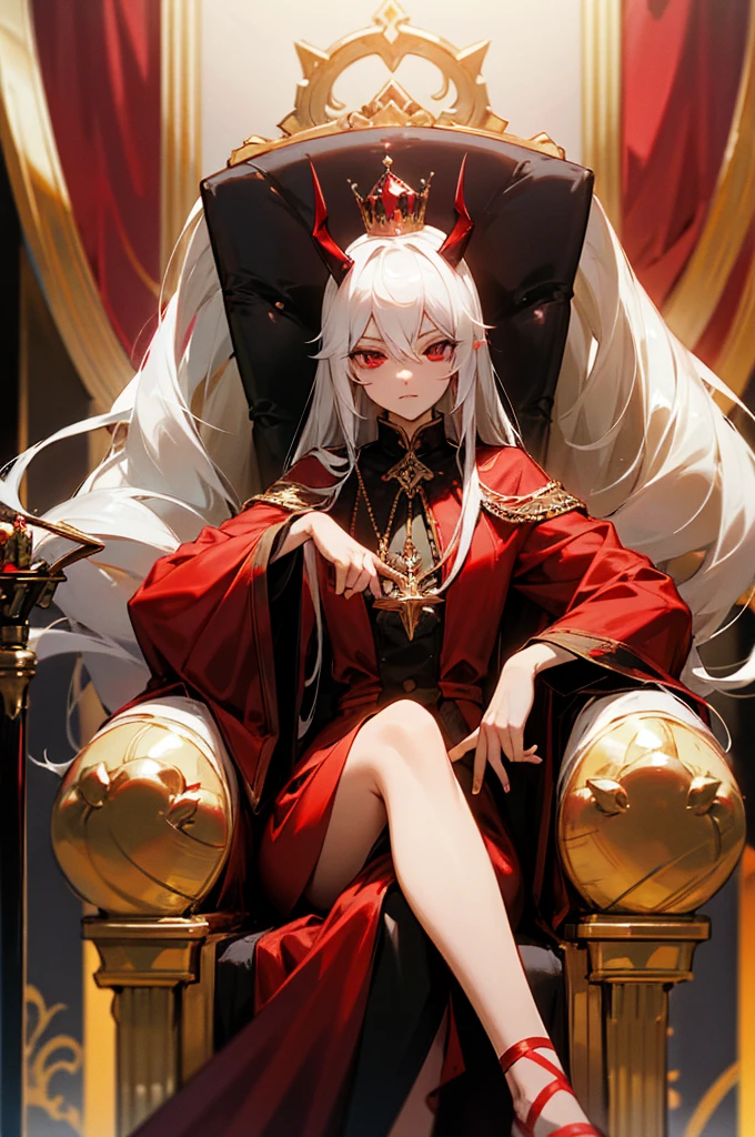 He wears a red crown and devil horns on his head., She ruled the demon world for a long time., straight hair.White hair, Sitting on a mystical throne like a god, Sit on the throne and cross your legs., Eyes red, He is holding a black fancy sword,Wearing black and fancy clothes, One hand is holding a golden apple, and the other hand seems to be thinking., It&#39;s inside the magnificent Demon King&#39;s Castle, Dragons stand behind the throne,Absolute beauty 