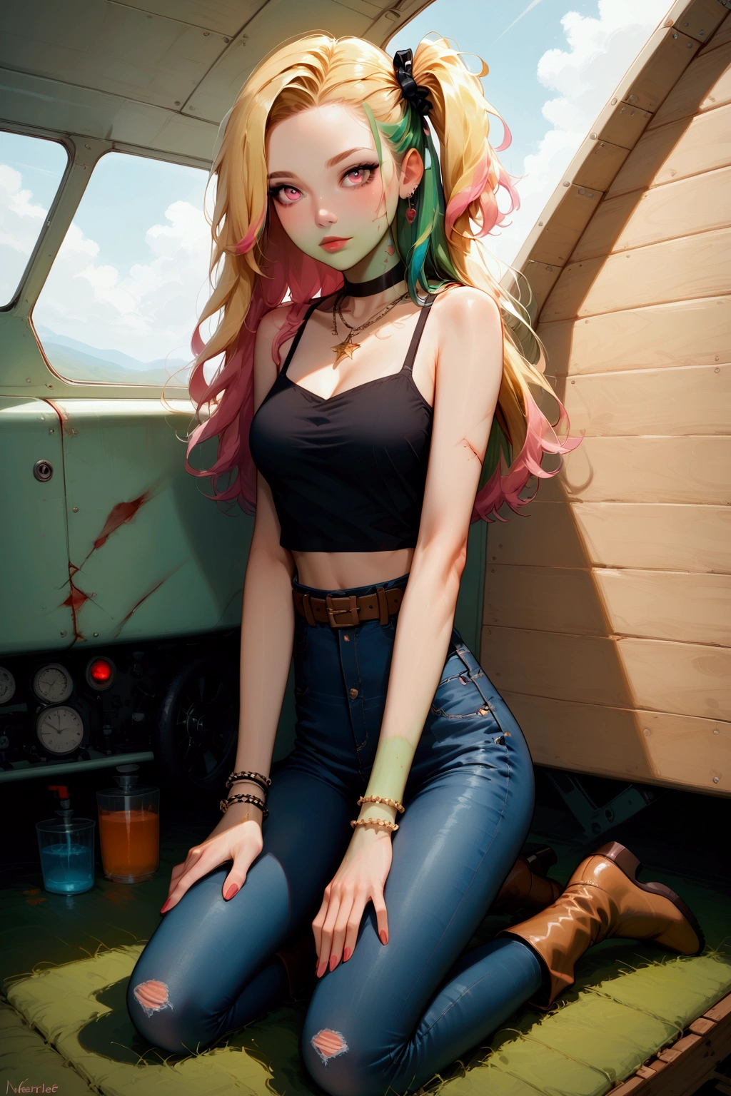 zombie young woman is kneeling on ground in plane cabin, she has light mint-green skin, dark brown long hair (+forehead, one side up, multicolored hair, blonde streaked hair), wears pink tank top, black camisole, navy-blue denim pencil  skirt with brown belt, brown heel boots, bracelets, necklace, (1girl, solo,full body), ((masterpiece:1.2), (best quality:1.2), (very aesthetic:1.2), (absurdres:1.2), (detailed background),intricate details, newest)