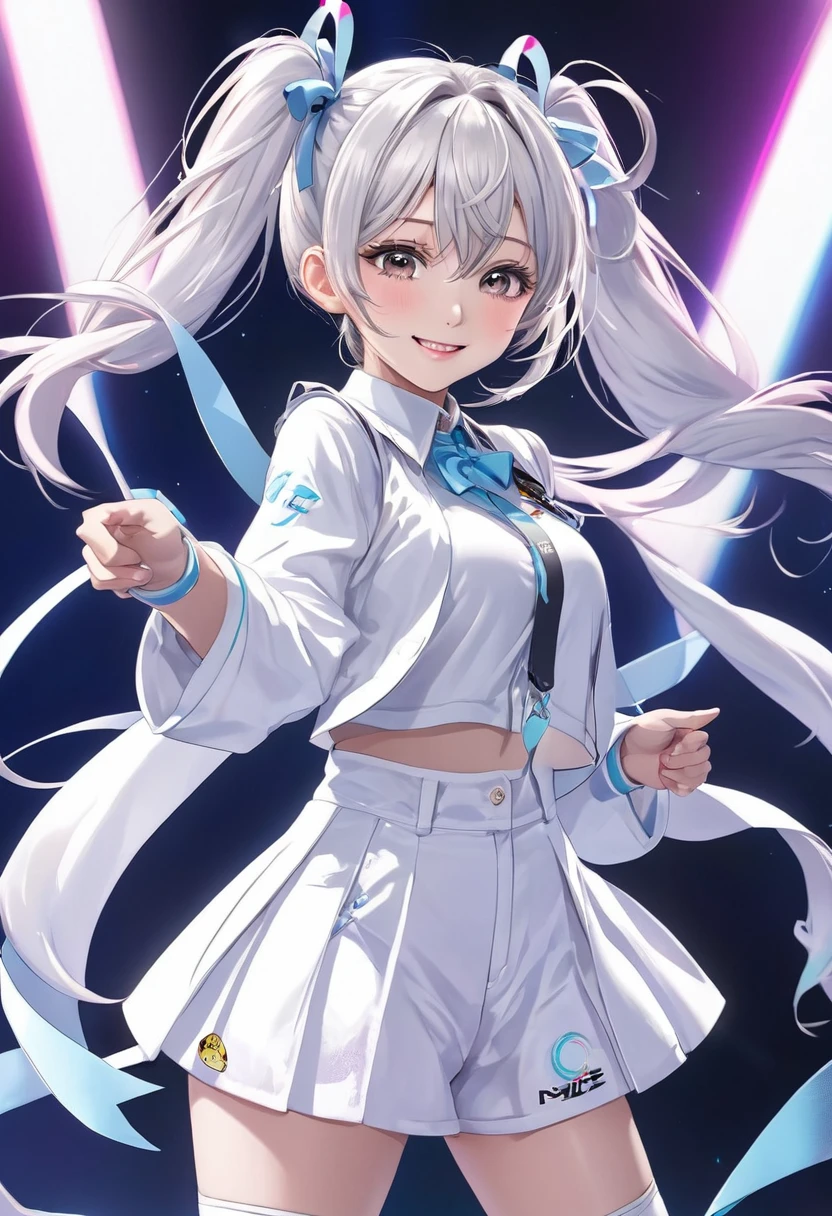 1 person,Cute face,20 year old idol,adult,Ribbon,race,Twin tails,smile,Cute room,Dancing energetically with a microphone,looking at the camera,Cute white outfit,light makeup