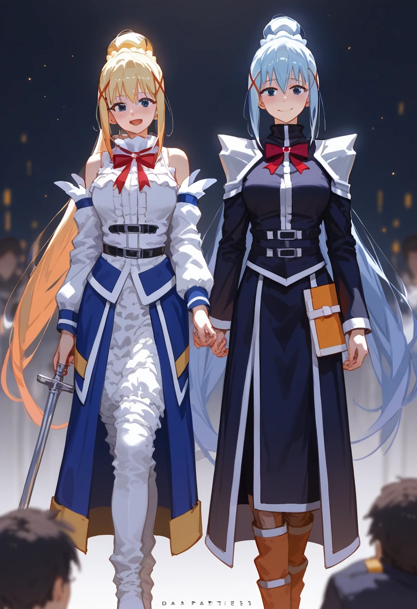 masterpiece, Highest quality, High resolution,(darkness), (KonoSuba),30 years old, Adult women, (expensive:1.2),height: 170cm,Fashion model body type, 1990s\(style\),(E-cup beautiful breasts),White and orange armor、Part of the armor is broken, Exposing Skin.,Black long sleeve underwear,Red hair clip in hair,Sweating all over the body,Muscular、blush、Shyness、Open your mouth wide,blonde、Long Hair、Pointed eye corners,Composition focused on the upper body,(alone),The background is outdoors,Anime-style painting style,Cinema Lighting,Ultra-fine