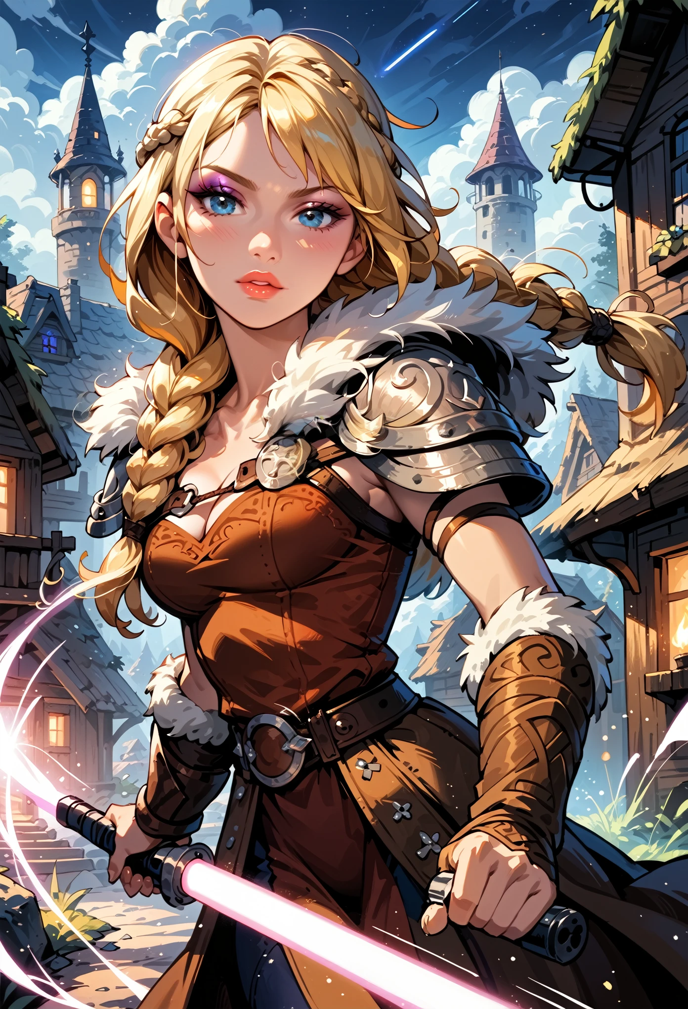 Dark Fantasy Art of score_9, score_8_up, score_7_up, rating_questionable, fantasy, lighting, epiCPhoto 1girl, solo, very sexy smuggler jedi (ASTRIDHOFFERSON, blonde hair, braid, Long hair, blue eyes, fur trim, shoulder armor, armor, pauldron:1.2), cleavage, flirt, gaze, sexy look, half-closed eyes, head tilt, filled lips, thick lips, makeup, confident look, swinging magenta lightsaber, attack stance, motion lines from lightsaber, purple sword, modelling shoot, sexy pose, Viking village setting, dark, moody, dark fantasy style, (midnight, moonless night:1.1), cowboy shot.