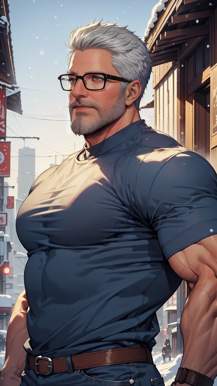 sfw, 1man, middle aged, 61 y.o, handsome, white graying edges, crew cut hairstyle, white beard, white mustache, friendly smile, wearing glasses, shining blue eyes, prominent muscular bodyshape, BODYBUILDER BODYSHAPED, black sweater, snow-themed winter mantle, dark blue training jeans, snowy tokyo (background), evening (sky color), closer distance face against me, realistic style, ultra-realistic, hyperrealistic, hyperdetail, looking viewers, hd, high quality, 8k resolution