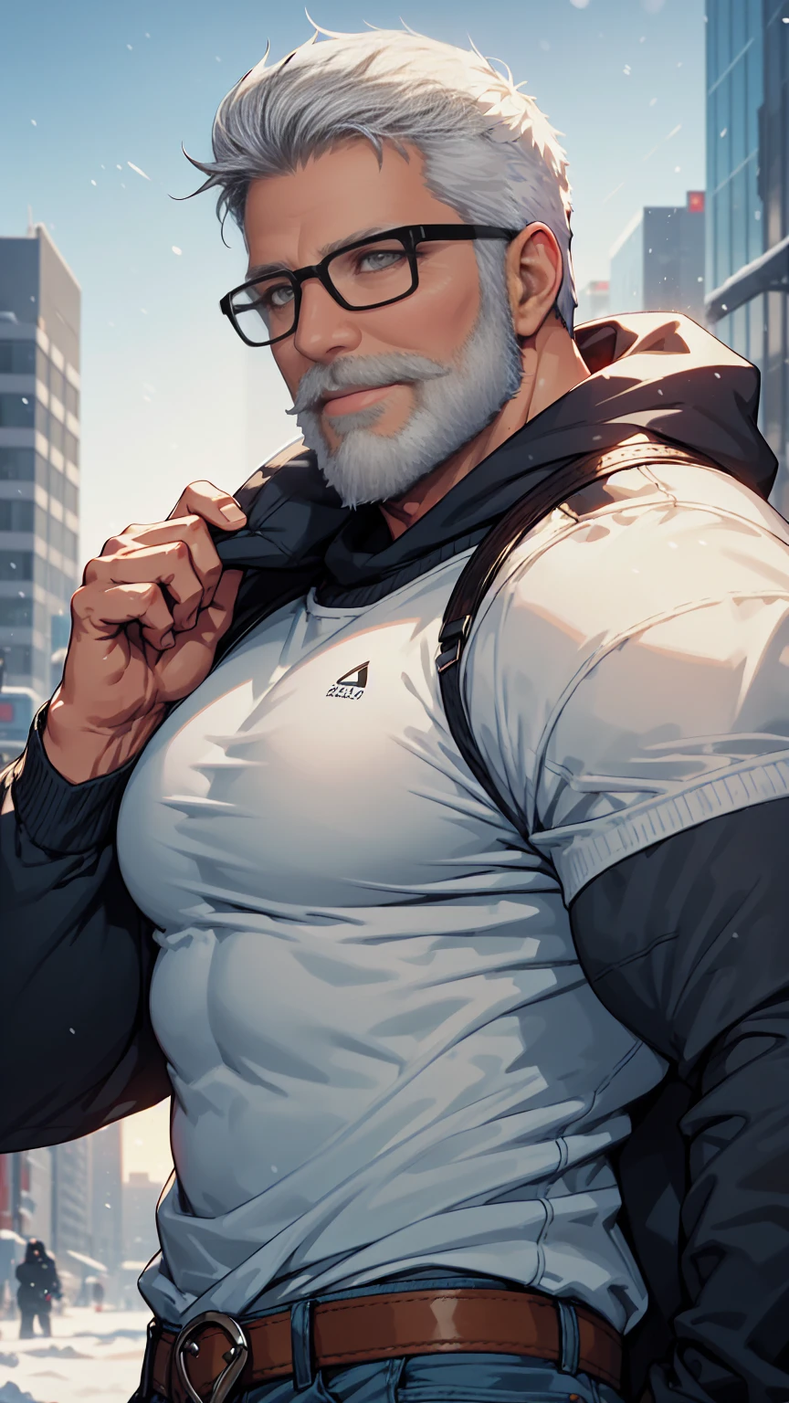 sfw, 1man, middle aged, 61 y.o, handsome, white graying edges, crew cut hairstyle, white beard, white mustache, friendly smile, wearing glasses, shining blue eyes, prominent muscular bodyshape, BODYBUILDER BODYSHAPED, black sweater, snow-themed winter mantle, dark blue training jeans, snowy tokyo (background), evening (sky color), closer distance face against me, realistic style, ultra-realistic, hyperrealistic, hyperdetail, looking viewers, hd, high quality, 8k resolution