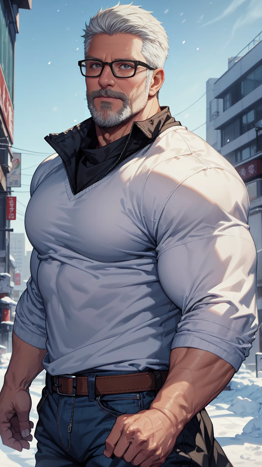 sfw, 1man, middle aged, 61 y.o, handsome, white graying edges, crew cut hairstyle, white beard, white mustache, friendly smile, wearing glasses, shining blue eyes, prominent muscular bodyshape, BODYBUILDER BODYSHAPED, black sweater, snow-themed winter mantle, dark blue training jeans, snowy tokyo (background), evening (sky color), closer distance face against me, realistic style, ultra-realistic, hyperrealistic, hyperdetail, looking viewers, hd, high quality, 8k resolution