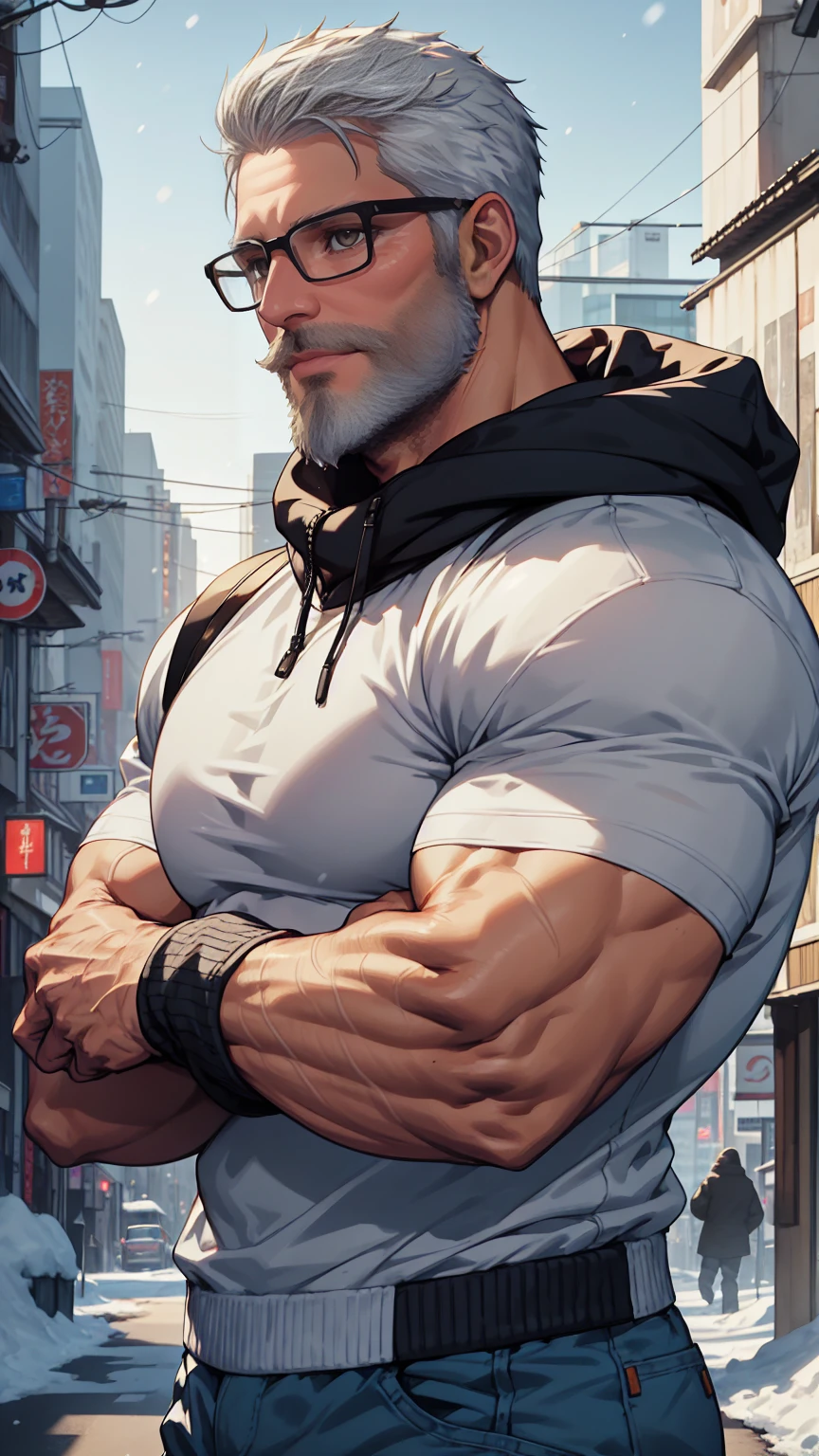 sfw, 1man, middle aged, 61 y.o, handsome, white graying edges, crew cut hairstyle, white beard, white mustache, friendly smile, wearing glasses, shining blue eyes, prominent muscular bodyshape, BODYBUILDER BODYSHAPED, black sweater, snow-themed winter mantle, dark blue training jeans, snowy tokyo (background), evening (sky color), closer distance face against me, realistic style, ultra-realistic, hyperrealistic, hyperdetail, looking viewers, hd, high quality, 8k resolution