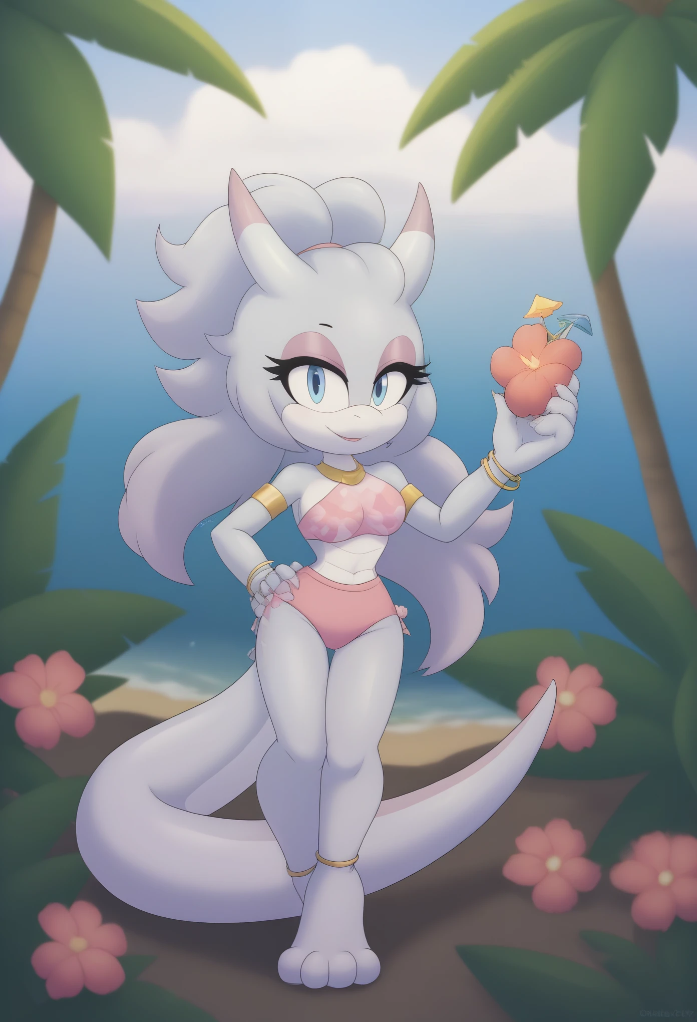 (1girl), (solo), Female Dragon, pastel peach colored skin, tropical-like clothing, dragon tail, tail tip has hair, eyelashes, daytime, mobian, mobius city, tropical beach background
