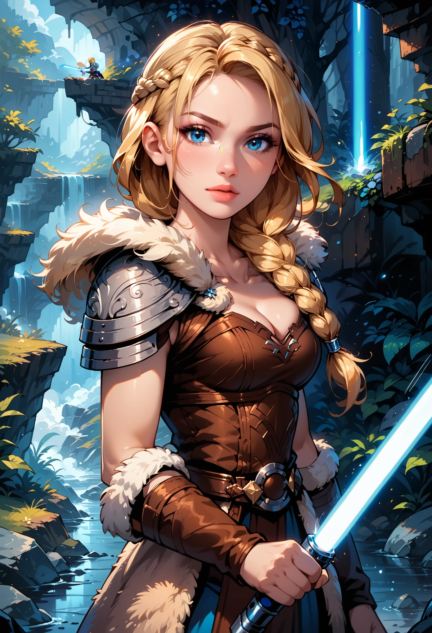 Dark Fantasy Art of score_9, score_8_up, score_7_up, rating_questionable, fantasy, lighting, epiCPhoto 1girl, solo, very sexy smuggler jedi (ASTRIDHOFFERSON, blonde hair, braid, Long hair, blue eyes, fur trim, shoulder armor, armor, pauldron:1.2), cleavage, flirt, gaze, sexy look, half-closed eyes, head tilt, filled lips, thick lips, makeup, confident look, swinging blue zzLightSaber, attack stance, motion lines from lightsaber, modelling shoot, sexy pose, rocky shore setting, dark, moody, dark fantasy style, (midnight, moonless night:1.1), cowboy shot.