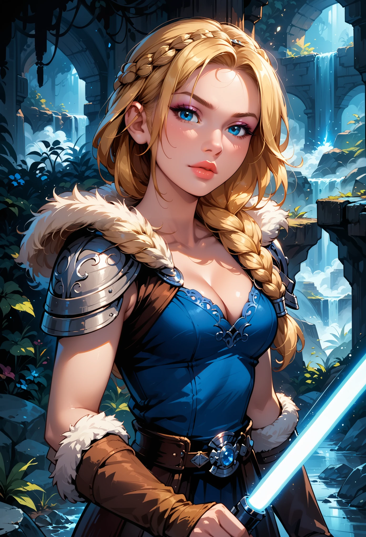 Dark Fantasy Art of score_9, score_8_up, score_7_up, rating_questionable, fantasy, lighting, epiCPhoto 1girl, solo, very sexy smuggler jedi (ASTRIDHOFFERSON, blonde hair, braid, Long hair, blue eyes, fur trim, shoulder armor, armor, pauldron:1.2), cleavage, flirt, gaze, sexy look, half-closed eyes, head tilt, filled lips, thick lips, makeup, confident look, swinging blue zzLightSaber, attack stance, motion lines from lightsaber, modelling shoot, sexy pose, rocky shore setting, dark, moody, dark fantasy style, (midnight, moonless night:1.1), cowboy shot.