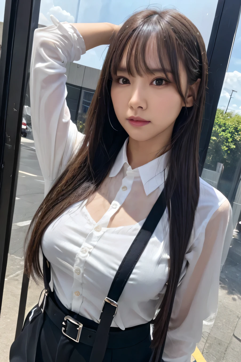 a woman in a suit, belt, hands behind back, sweating, suspenders, black pants, sexly, large breasts, see-through clothing, rain, detective, office worker, white button-up shirt, (best quality,4K,8k,highres,masterpiece:1.2),ultra-detailed,(realistic,photorealistic,photo-realistic:1.37),hyper-detailed,highly detailed face and body, Slender thin suspenders Moderate breasts See-through shirt Nipples holster chain Pistol Armament criminal Female criminal knife Hands Behind Back Constraints handcuffs Cable ties Cable ties on thumbs Big breasts Nipples See-through clothes, hands above head Pose of surrender