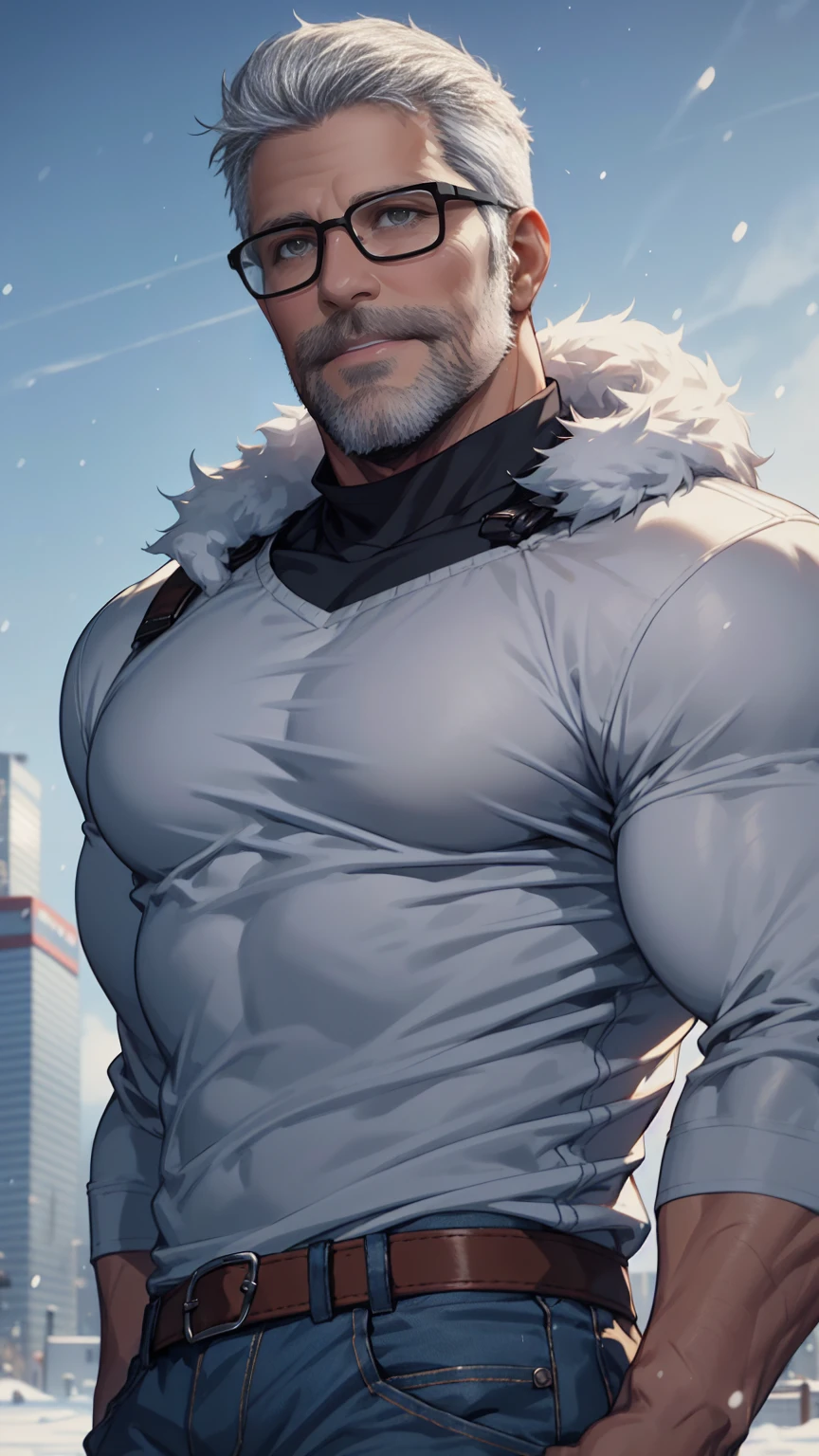 sfw, 1man, middle aged, 61 y.o, handsome, white graying edges, crew cut hairstyle, white beard, white mustache, friendly smile, wearing glasses, shining blue eyes, prominent muscular bodyshape, BODYBUILDER BODYSHAPED, black sweater, snow-themed winter mantle, dark blue training jeans, snowy tokyo (background), evening (sky color), closer distance face against me, realistic style, ultra-realistic, hyperrealistic, hyperdetail, looking viewers, hd, high quality, 8k resolution