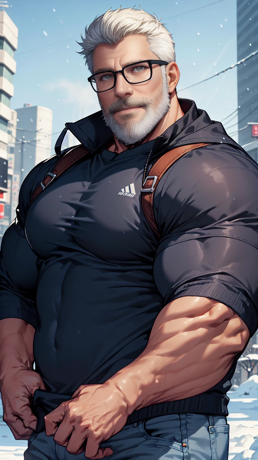 sfw, 1man, middle aged, 61 y.o, handsome, white graying edges, crew cut hairstyle, white beard, white mustache, friendly smile, wearing glasses, shining blue eyes, prominent muscular bodyshape, BODYBUILDER BODYSHAPED, black sweater, snow-themed winter mantle, dark blue training jeans, snowy tokyo (background), evening (sky color), closer distance face against me, realistic style, ultra-realistic, hyperrealistic, hyperdetail, looking viewers, hd, high quality, 8k resolution