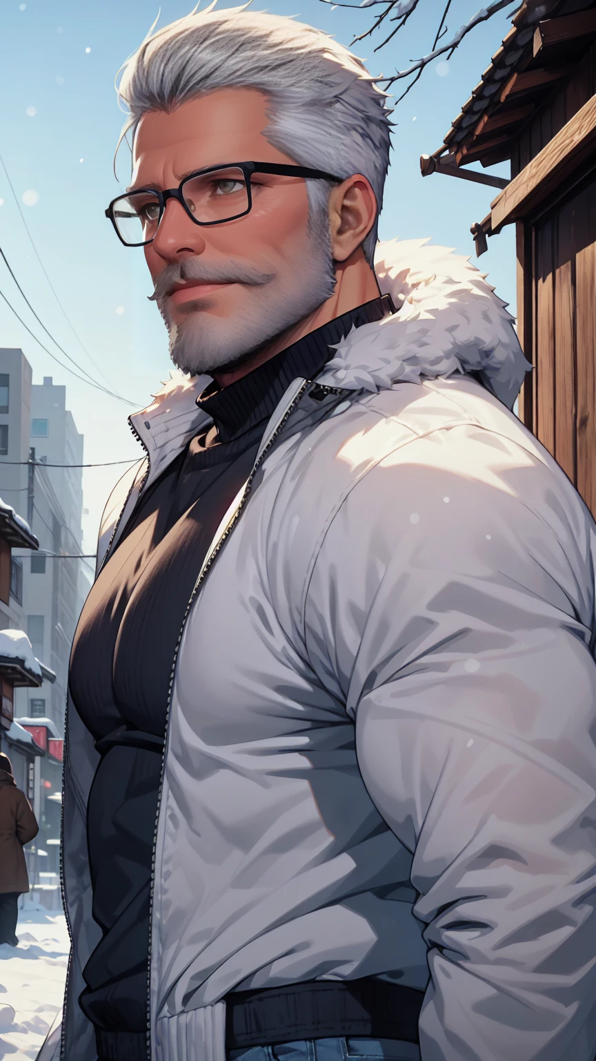 sfw, 1man, middle aged, 61 y.o, handsome, white graying edges, crew cut hairstyle, white beard, white mustache, friendly smile, wearing glasses, shining blue eyes, prominent muscular bodyshape, BODYBUILDER BODYSHAPED, black sweater, snow-themed winter mantle, dark blue training jeans, snowy tokyo (background), evening (sky color), closer distance face against me, realistic style, ultra-realistic, hyperrealistic, hyperdetail, looking viewers, hd, high quality, 8k resolution