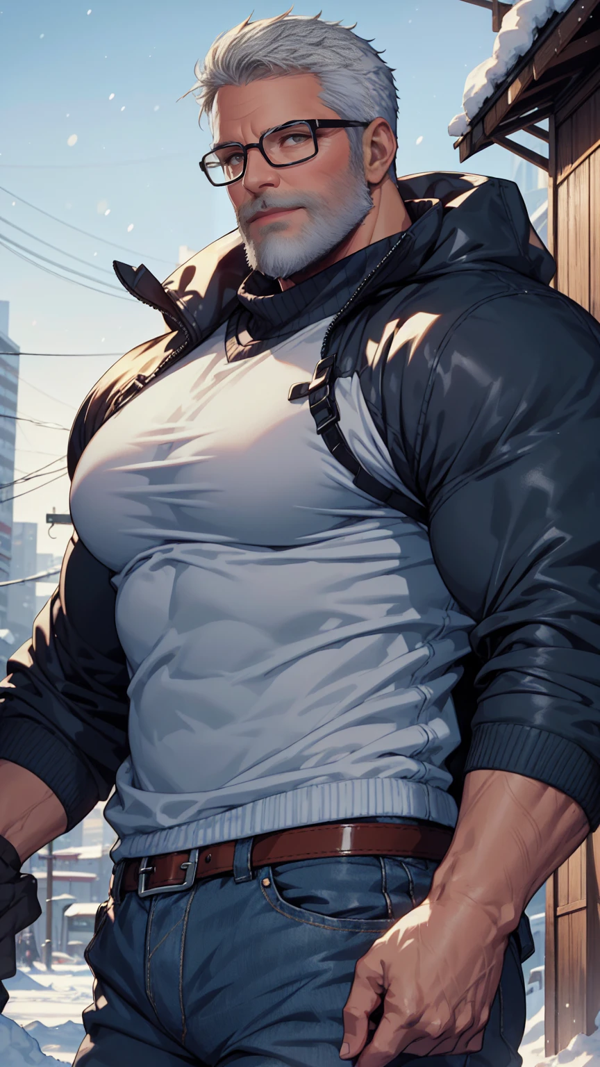 sfw, 1man, middle aged, 61 y.o, handsome, white graying edges, crew cut hairstyle, white beard, white mustache, friendly smile, wearing glasses, shining blue eyes, prominent muscular bodyshape, BODYBUILDER BODYSHAPED, black sweater, snow-themed winter mantle, dark blue training jeans, snowy tokyo (background), evening (sky color), closer distance face against me, realistic style, ultra-realistic, hyperrealistic, hyperdetail, looking viewers, hd, high quality, 8k resolution