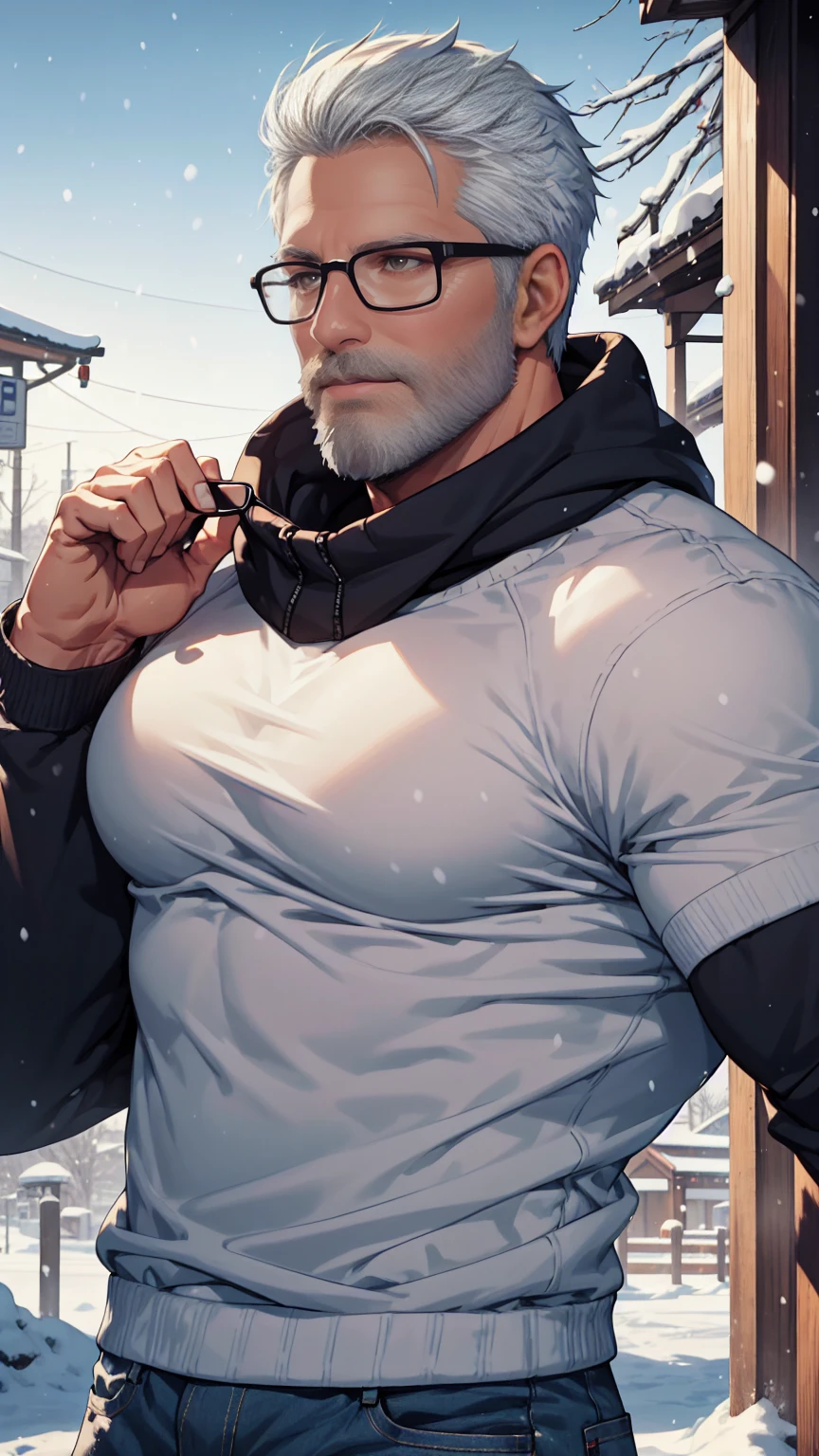 sfw, 1man, middle aged, 61 y.o, handsome, white graying edges, crew cut hairstyle, white beard, white mustache, friendly smile, wearing glasses, shining blue eyes, prominent muscular bodyshape, BODYBUILDER BODYSHAPED, black sweater, snow-themed winter mantle, dark blue training jeans, snowy tokyo (background), evening (sky color), closer distance face against me, realistic style, ultra-realistic, hyperrealistic, hyperdetail, looking viewers, hd, high quality, 8k resolution