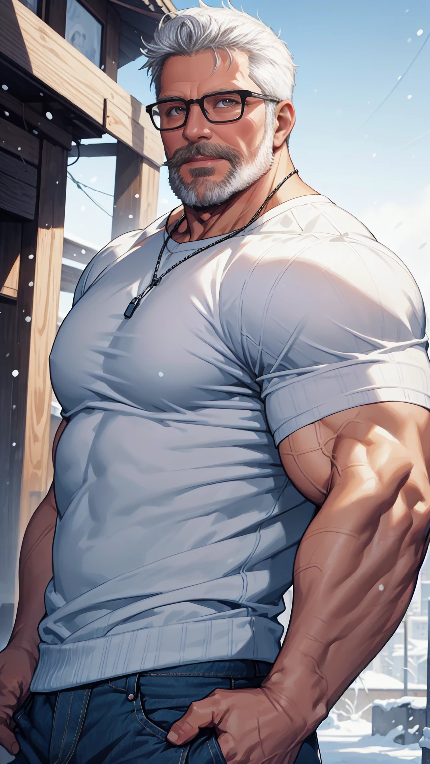 sfw, 1man, middle aged, 61 y.o, handsome, white graying edges, crew cut hairstyle, white beard, white mustache, friendly smile, wearing glasses, shining blue eyes, prominent muscular bodyshape, BODYBUILDER BODYSHAPED, black sweater, snow-themed winter mantle, dark blue training jeans, snowy tokyo (background), evening (sky color), closer distance face against me, realistic style, ultra-realistic, hyperrealistic, hyperdetail, looking viewers, hd, high quality, 8k resolution