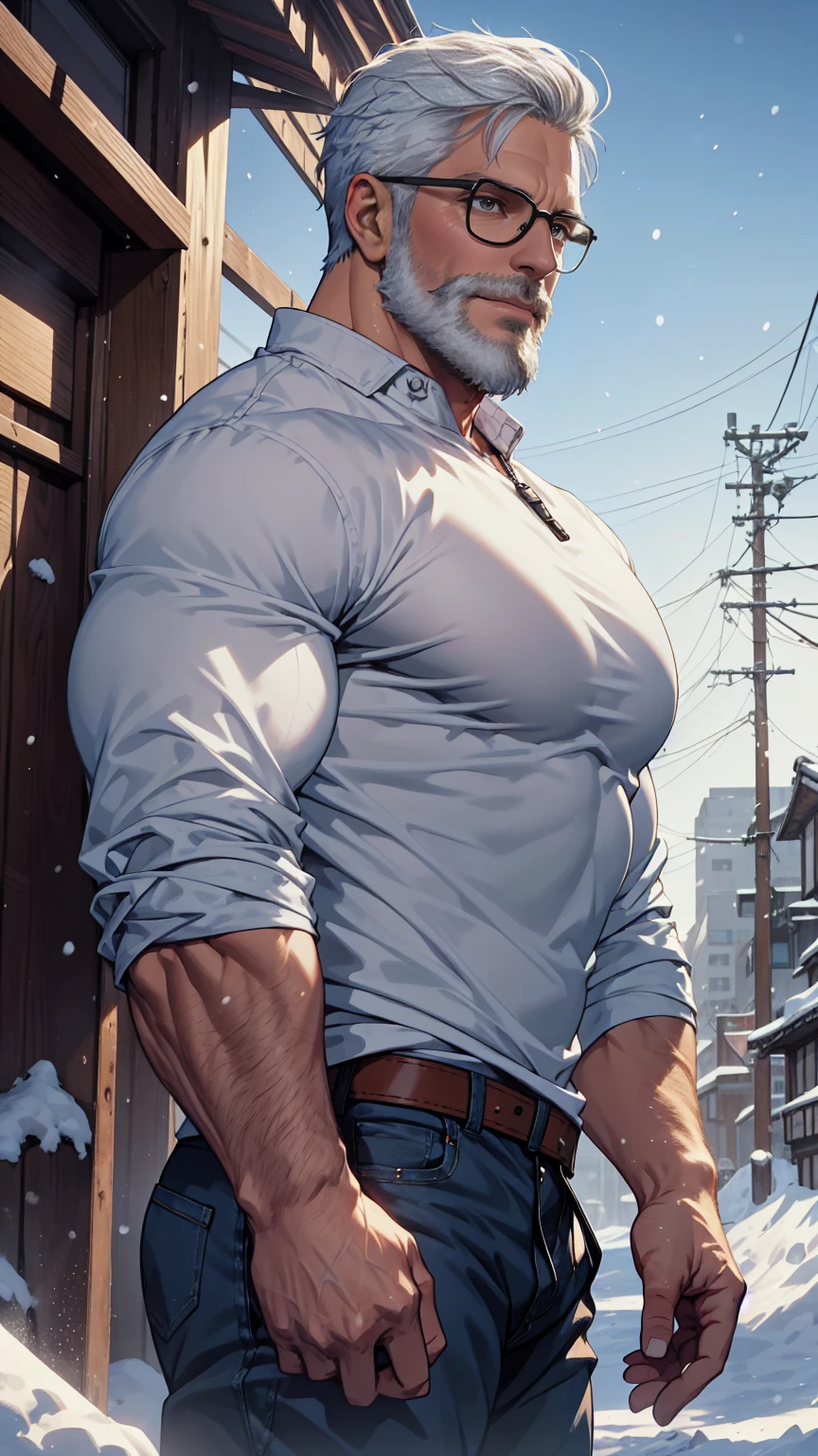 sfw, 1man, middle aged, 61 y.o, handsome, white graying edges, crew cut hairstyle, white beard, white mustache, friendly smile, wearing glasses, shining blue eyes, prominent muscular bodyshape, BODYBUILDER BODYSHAPED, black sweater, snow-themed winter mantle, dark blue training jeans, snowy tokyo (background), evening (sky color), closer distance face against me, realistic style, ultra-realistic, hyperrealistic, hyperdetail, looking viewers, hd, high quality, 8k resolution