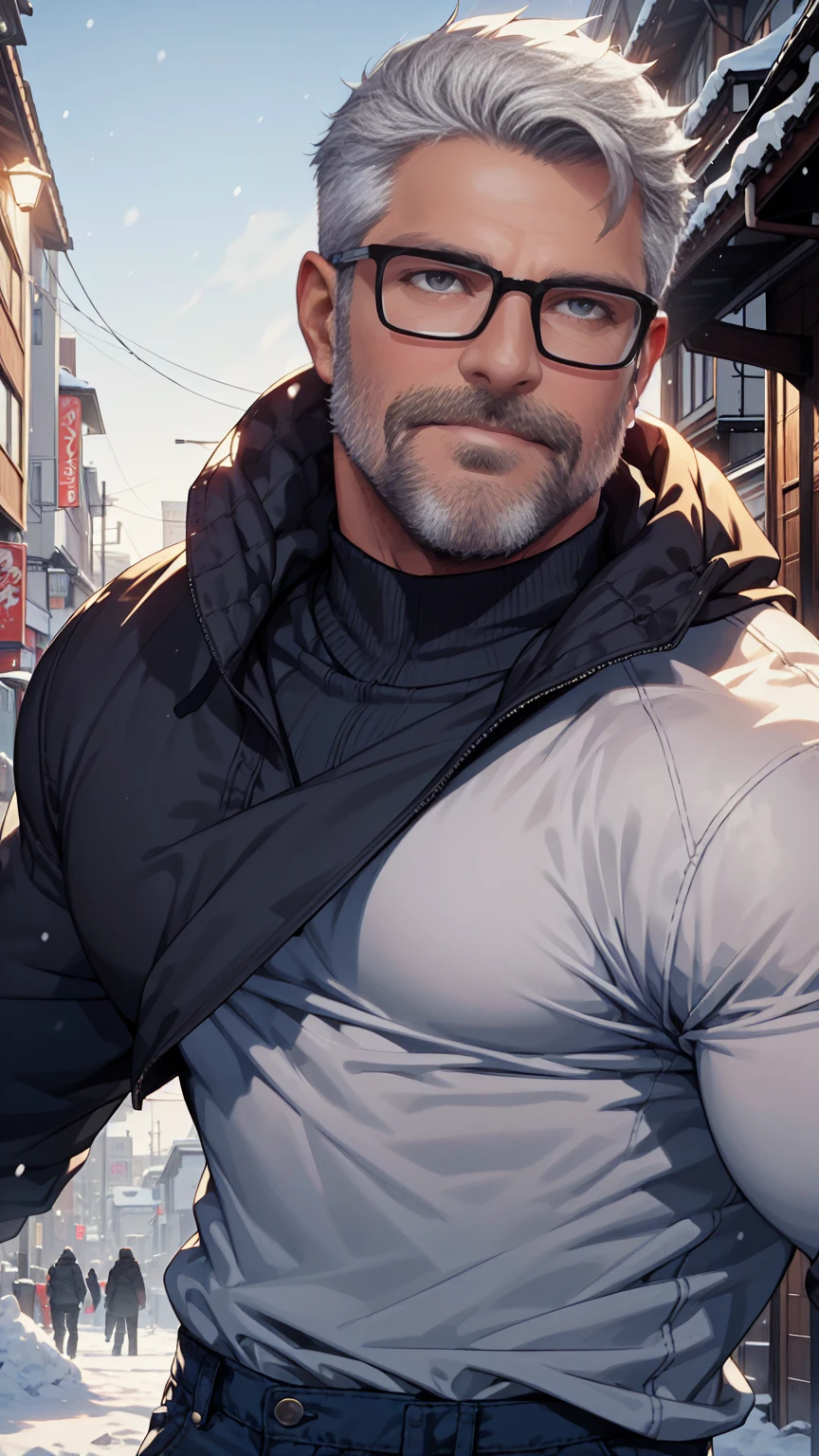 sfw, 1man, middle aged, 61 y.o, handsome, white graying edges, crew cut hairstyle, white beard, white mustache, friendly smile, wearing glasses, shining blue eyes, prominent muscular bodyshape, BODYBUILDER BODYSHAPED, black sweater, snow-themed winter mantle, dark blue training jeans, snowy tokyo (background), evening (sky color), closer distance face against me, realistic style, ultra-realistic, hyperrealistic, hyperdetail, looking viewers, hd, high quality, 8k resolution