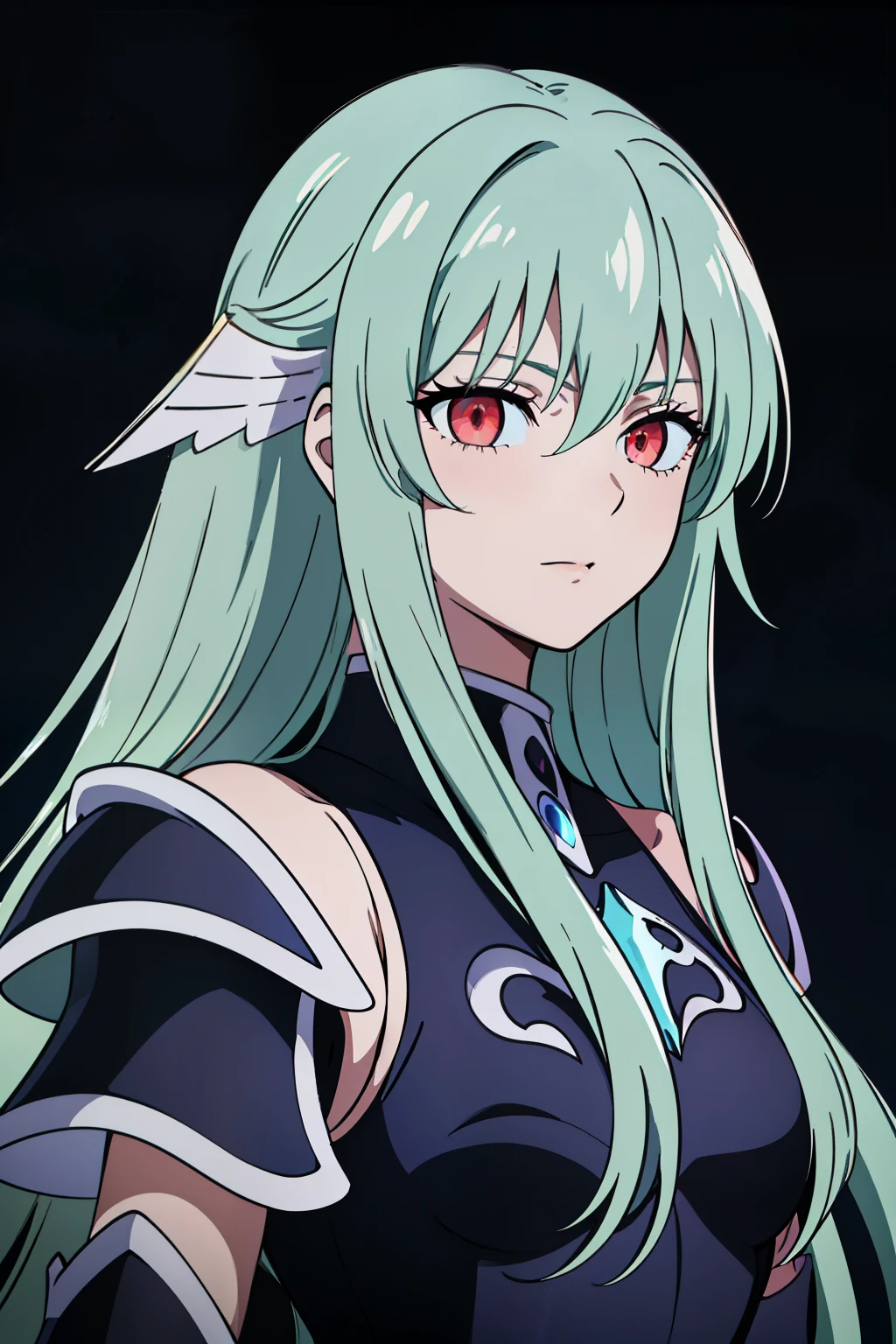 (high-quality, breathtaking),(expressive eyes, perfect face) portrait, Symmetrical Eyes, 1girl, female, solo, adult, light cyan blue hair, red coloured eyes, long hair length, side bangs, fluffy hair, looking at viewer, portrait, black background, narrow eyes, soft eerie blue lighting background, Hades Armor, Hypnos Saint Seiya Armor, Thanatos Saint Seiya Armor, Dark Purple Armor, trim, full plate, feminine face, half body shot, night sky background, ice, small smile
