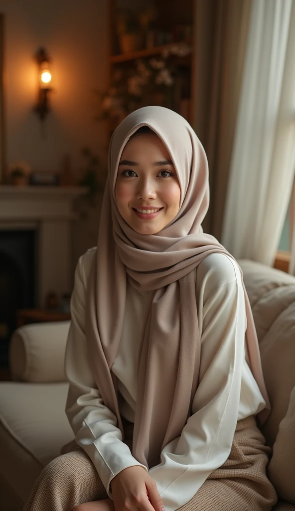 a 20-year-old Asian woman with an Indonesian face, standing in front of a mirror in a bathroom, wearing a hijab, full body shot, dynamic pose, stylish, photorealistic, (best quality,4k,8k,highres,masterpiece:1.2),ultra-detailed,(realistic,photorealistic,photo-realistic:1.37),HDR,UHD,studio lighting,ultra-fine painting,sharp focus,physically-based rendering,extreme detail description,professional,vivid colors,bokeh,instagram photo,net art