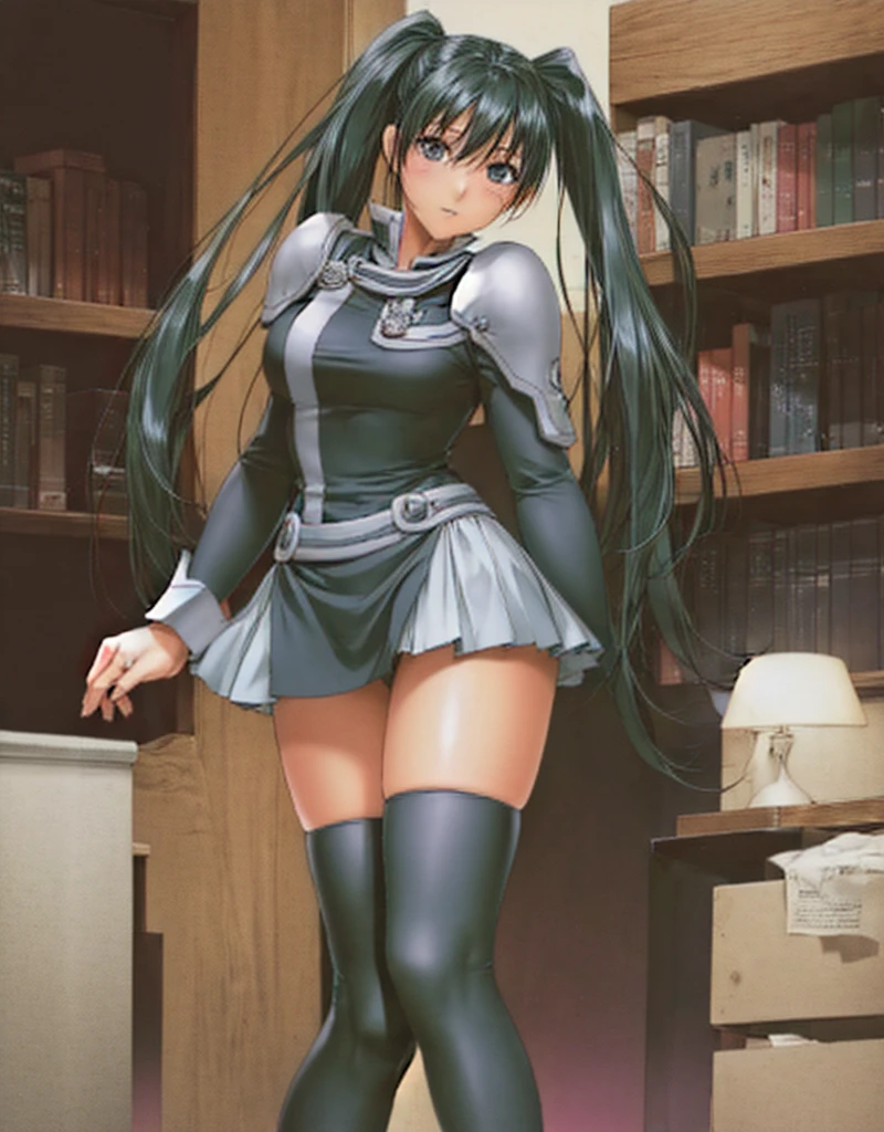 Lenalee, with her beautiful legs and shoulder-length twin tails, is standing in the library wearing a miniskirt uniform and black knee socks.。