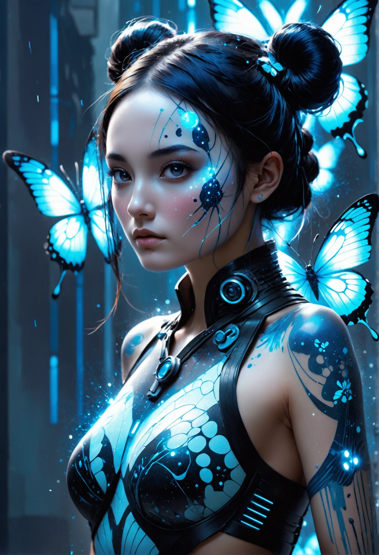 a realistic image of a panda woman, where her striking gaze is directed straight, and her body merges with an abstract background consisting of different shades of blue, and blue spots smoothly form an abstract butterfly. Shimmering cybernetic tattoos, futuristic cyberspace, digital effects, Crashes, Virtual Assistant with artificial intelligence, Conversational Hacker, Colorful LED lights, Night precipitation, Explosive action scenes, Hidden Underground Rebel Base,