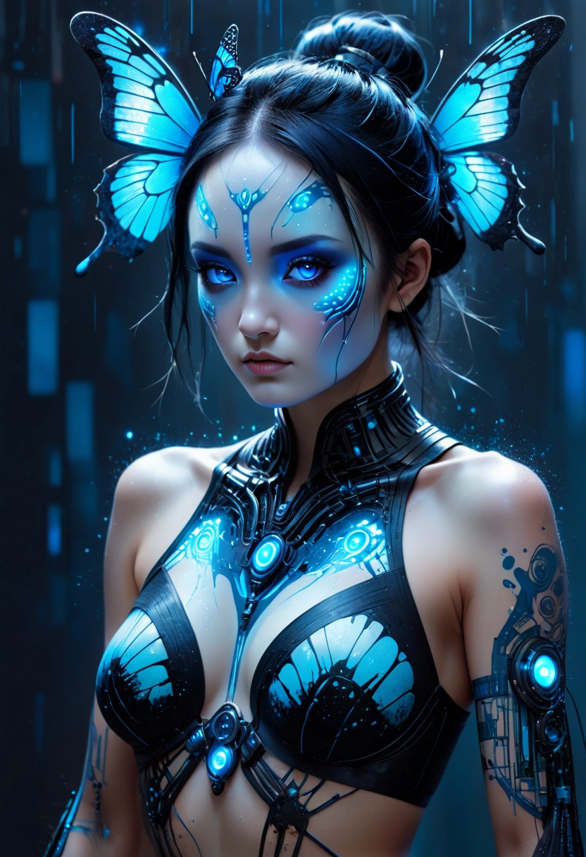 a realistic image of a panda woman, where her striking gaze is directed straight, and her body merges with an abstract background consisting of different shades of blue, and blue spots smoothly form an abstract butterfly. Shimmering cybernetic tattoos, futuristic cyberspace, digital effects, Crashes, Virtual Assistant with artificial intelligence, Conversational Hacker, Colorful LED lights, Night precipitation, Explosive action scenes, Hidden Underground Rebel Base,