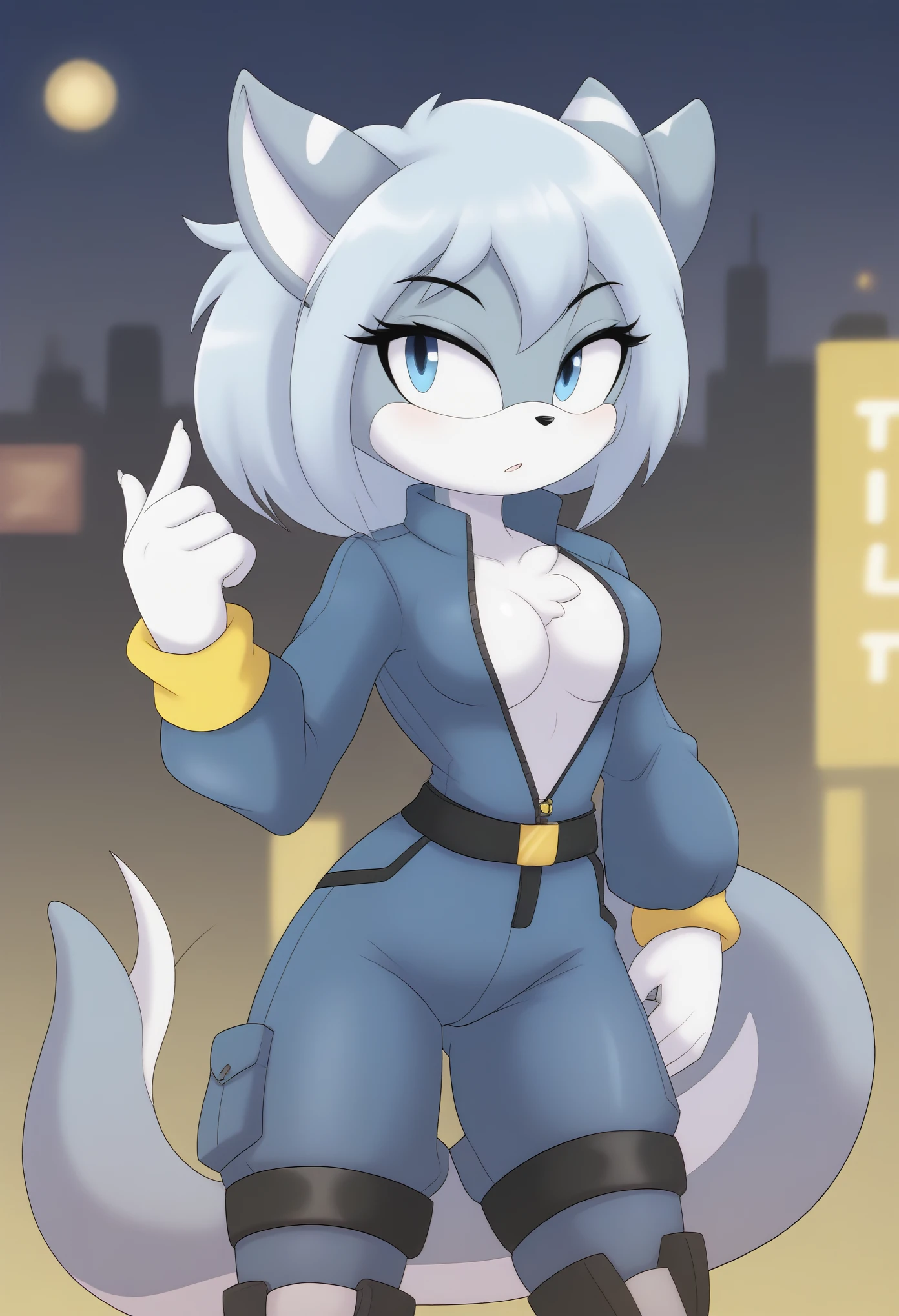 (1girl), (solo), (Female Dragon), (midnight blue colored fur), hair bangs, (light blue jumpsuit), ((short jumpsuit)), short silver open zipper at chest, slight cleavage, black belt with yellow buckle at waist, long sleeves, white and light blue boots, white gloves, dragon tail, fin-like tail tip, eyelashes, daytime, mobian, mobius city, city background, windy
