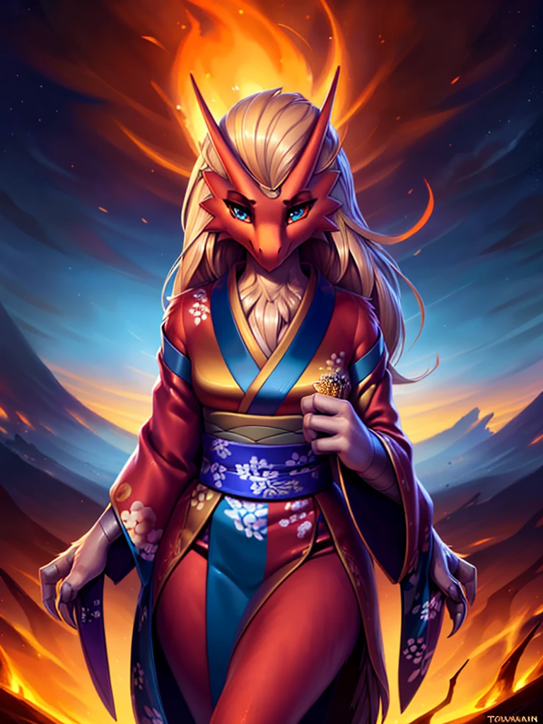 uploaded on e621, ((Blaziken)) by Pixelsketcher, by Bayard Wu, by Thomas Benjamin Kennington , by Einshelm, anthro, ((portrait, face focus, close-up)), BREAK, ((kimono:1.2)), wearing a kimono, long flowing kimono, red kimono, fire design on kimono, full body kimono)), (detailed Bonifasko lighting), (detailed feathers), (detailed fur), (female Blaziken), BREAK, ((long flowing hair)), ((facing viewer)), (cinematic lighting), ((detailed background)), ((upper body portrait view)), (((portrair view))), (half body shadow), [backlighting], [crepuscular ray], [detailed ambient light], [gray natural lighting], [ambient light on the belly], (higher wildlife feral detail), [sharp focus], (shaded), ((masterpiece), medium breasts, furry Blaziken, bird face, furry Fantasy Art, furry Art, Commission for High Res, anthro Art, POV furry Art,Sakimichan beautiful, masterpiece, best quality, detailed image, bright colors, detailed face, perfect lighting, perfect shadows, perfect eyes, girl focus, blue eyes, flawless face, face focus, long flowing kimono, bird girl, feathers, feathers woman, large long muzzle, colorful feathers, gaze at the viewer, half-closed eyes, 1girl, full body, (masterpiece:1.21), (best quality:1.2), (illustration:1.2), (cinematic lighting:1.3), detailed fur, balanced coloring, global illumination, ray tracing, good lighting, feathers, anthro, looking at viewer, (standing outside, in volcano, fire and snoke, woman looking at viewer, woman looking at camera, fire in open hands, in a fighting pose, wearing red kimono, close-up photo