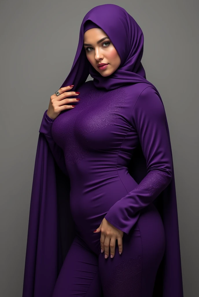 ( Close Up),RAW, Best quality, high resolution, masterpiece: 1.3), beautiful Malay woman in hijab,Masterpiece, perfect fit body,(( big breast)),big gorgeous eyes, Soft smile,beutiful face,thick thighs, wearing a purple dress and a gray scarf standing on a window sill, batik, full covered dress, with beautiful exotic, gorgeous lady, long dress,, idian dress, , hijab, femme, cute woman Excellent lighting, Bright colors, Clean lines, cumtit