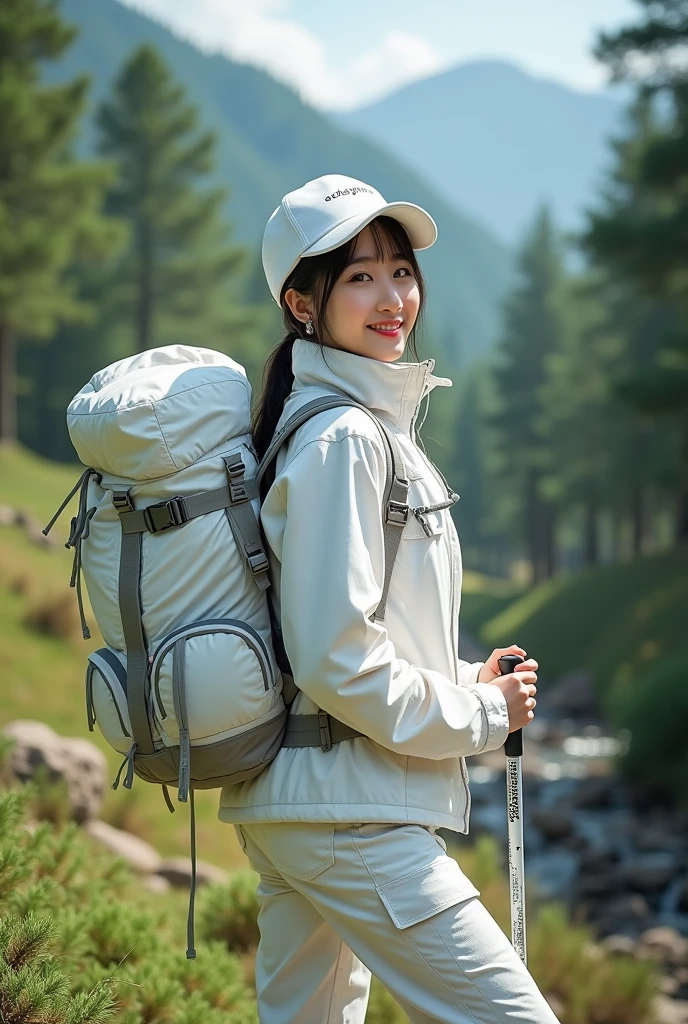 masterpiece, best quality, full body photorealistic, wearing a white hiking jacket, taktical white cargo pants, white boots, large white hiking bag and white hat with the words"Adesign Art" under the beat, holding a hiking stick in the green forest of big trees and its lush and green leaves on the hill below there is a stream adding to the beautiful panorama of nature, Cinematic Light, beautiful korean women, sexy body, detailed face, smile, facing the camera, photo taken from a distance, 20 years old