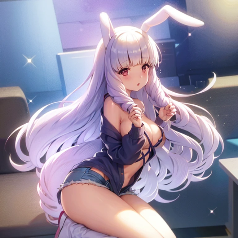 One girl,beautiful girl,Bunny ears,Animal ears,Long Hair,Straight Hair,White Hair,Hair covering ears,Red eyes,topless,Denim shorts,NSFW