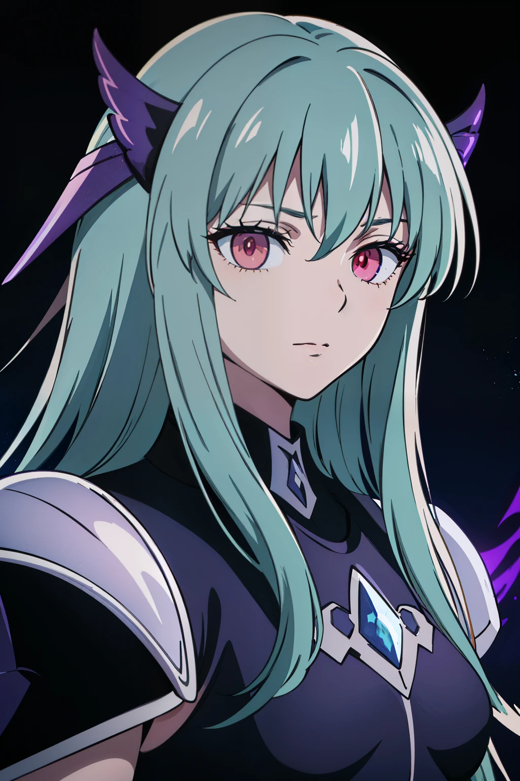 (high-quality, breathtaking),(expressive eyes, perfect face) portrait, Symmetrical Eyes, 1girl, female, solo, adult, light cyan blue hair, red coloured eyes, long hair length, side bangs, fluffy hair, looking at viewer, portrait, black background, narrow eyes, soft eerie blue lighting background, Hades Armor, Hypnos Saint Seiya Armor, Thanatos Saint Seiya Armor, Dark Purple Armor, trim, full plate, feminine face, half body shot, night sky background, ice, snowflakes, small smile
