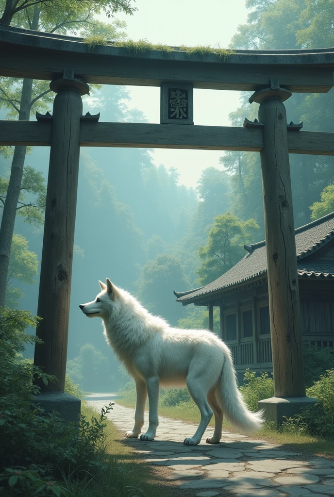 Japanese Fantasy, white spiritual Wolf, light particles, torii, Old Japanese Minka, 