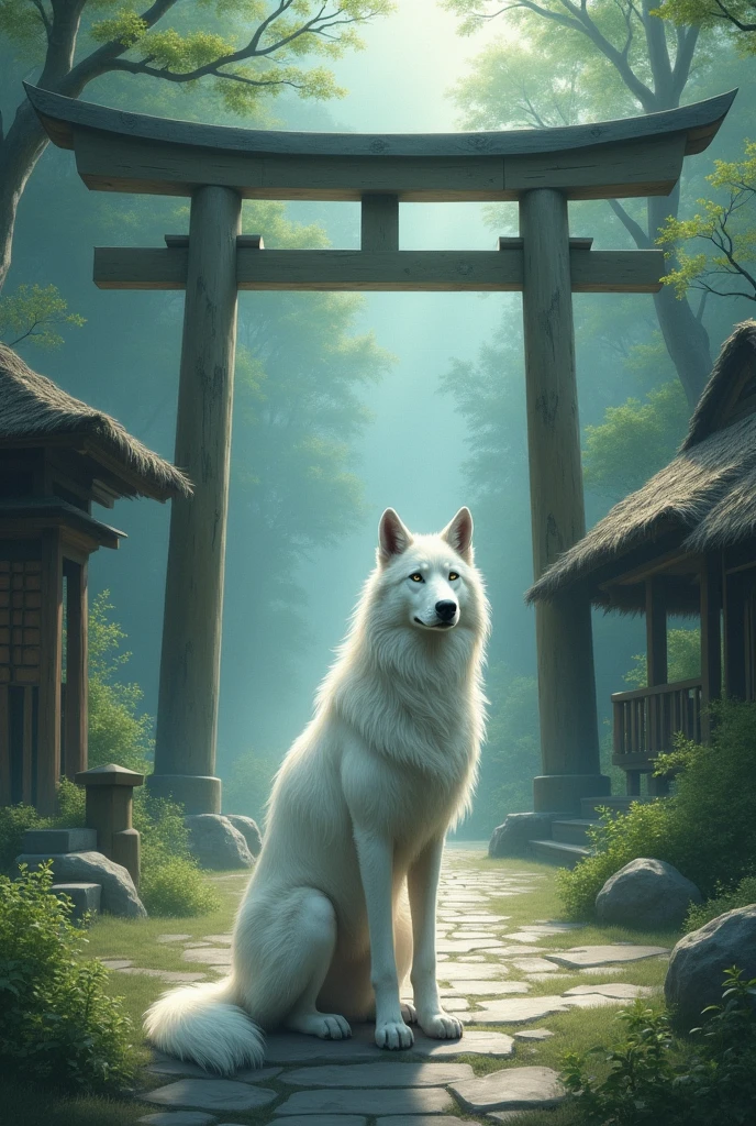 Japanese Fantasy, white spiritual Wolf, light particles, torii, Old Japanese Minka, 