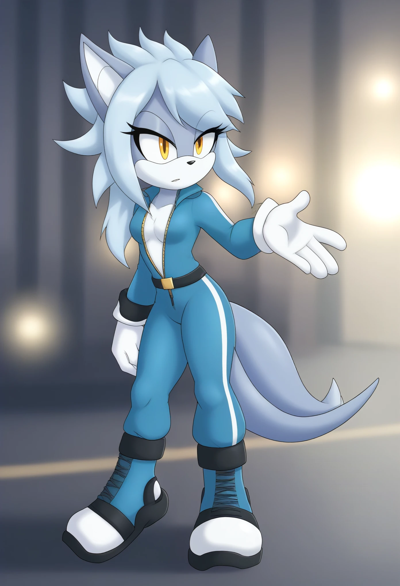 (1girl), (solo), (Female Dragon), (midnight blue colored fur), hair bangs, light blue jumpsuit, ((short yoga jumpsuit)), short silver open zipper at chest, slight cleavage, black belt with yellow buckle at waist, long sleeves, white and light blue boots, white gloves, dragon tail, fin-like tail tip, eyelashes, daytime, mobian, mobius city, city background, windy
