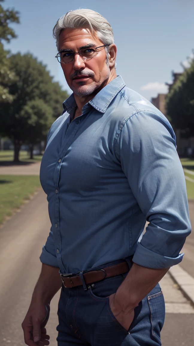 1man, middle aged, 53 y.o, handsome, White hair, quiff sides and tape hairstyle, blue eyes, prominent muscular bodyshape, BODYBUILDER BODYSHAPED, red checkered shirt, midnight blue denim jeans, connecticut (background), glasses, closer distance face against me, looking viewers, hd, high quality, 9k resolution
