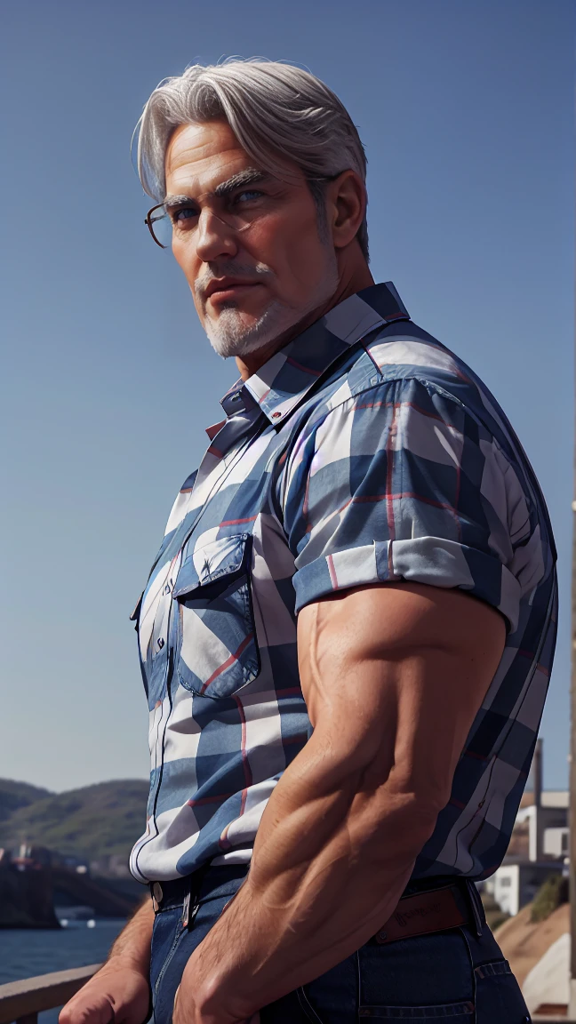 1man, middle aged, 53 y.o, handsome, White hair, quiff sides and tape hairstyle, blue eyes, prominent muscular bodyshape, BODYBUILDER BODYSHAPED, red checkered shirt, midnight blue denim jeans, connecticut (background), glasses, closer distance face against me, looking viewers, hd, high quality, 9k resolution
