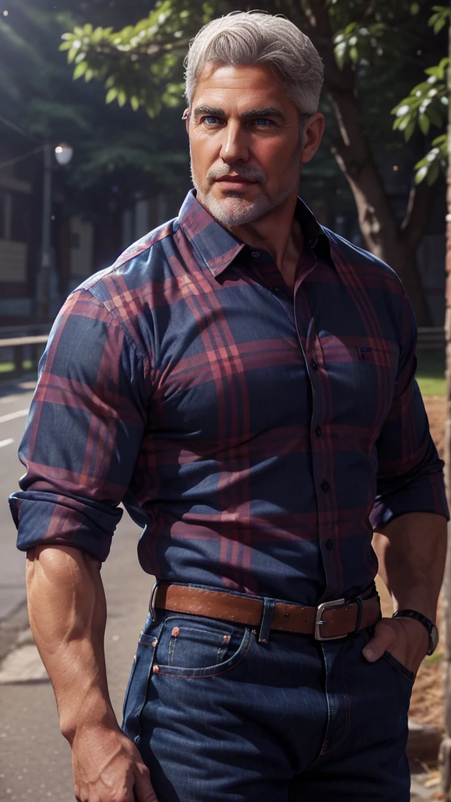 1man, middle aged, 53 y.o, handsome, White hair, quiff sides and tape hairstyle, blue eyes, prominent muscular bodyshape, BODYBUILDER BODYSHAPED, red checkered shirt, midnight blue denim jeans, connecticut (background), glasses, closer distance face against me, looking viewers, hd, high quality, 9k resolution
