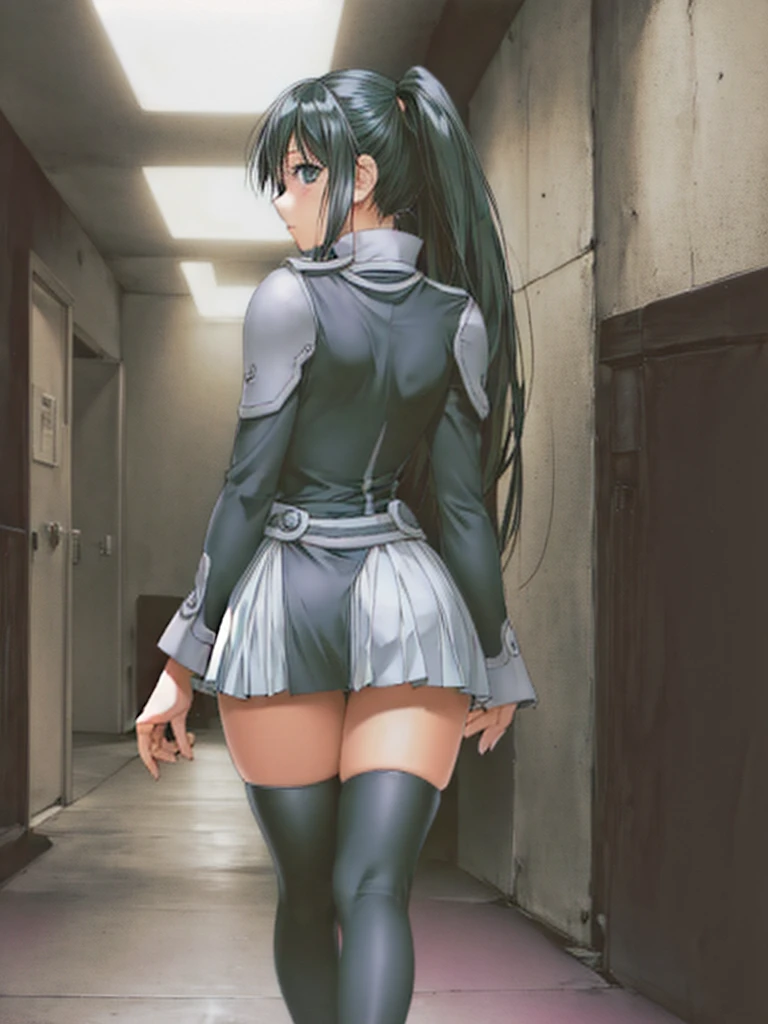 Lenalee, with her beautiful legs and shoulder-length twin tails, is walking down a dimly lit hallway in her miniskirt uniform and black knee-high socks.。Angle from behind。