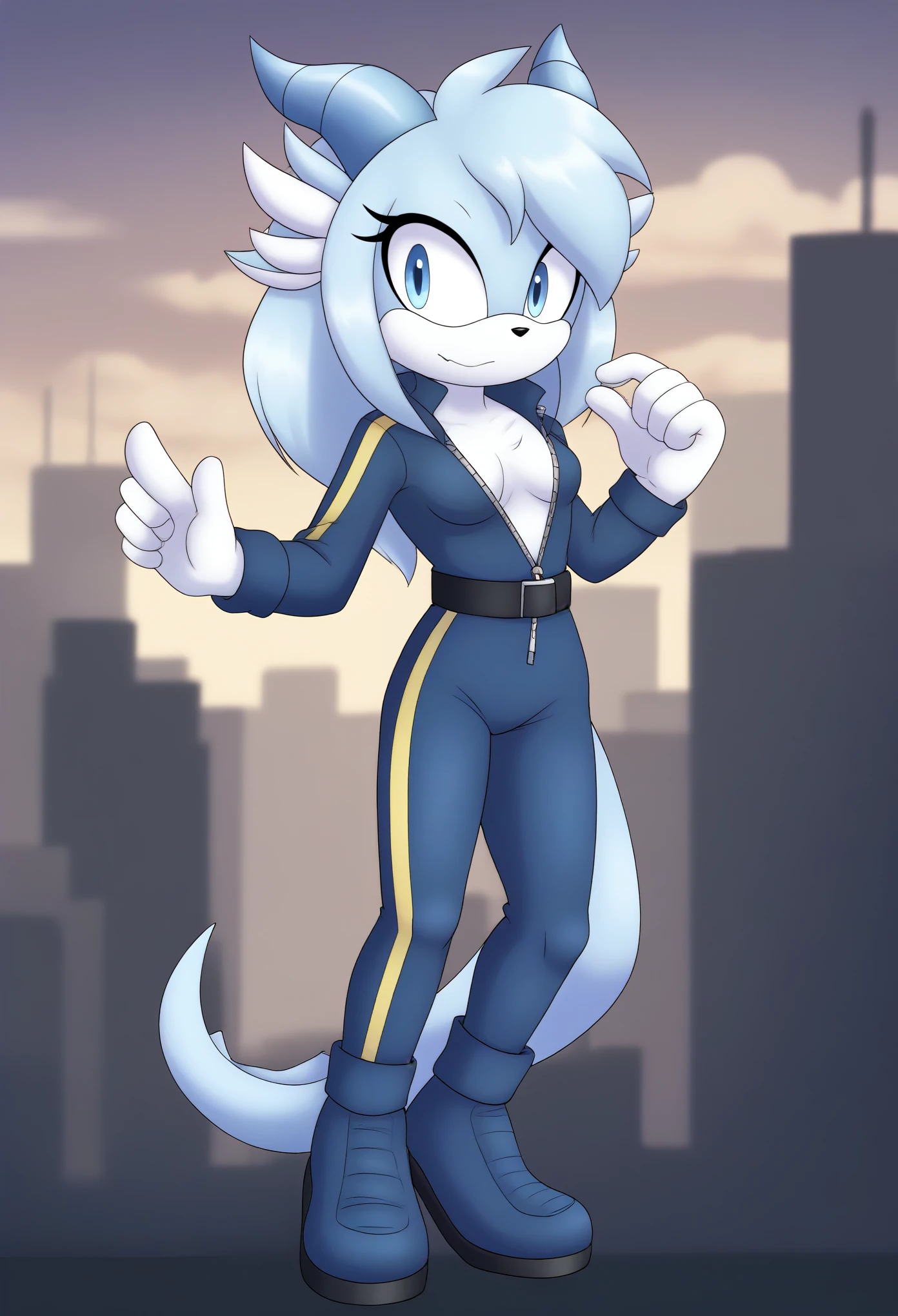 (1girl), (solo), (Female Dragon), (midnight blue colored fur), hair bangs, light blue jumpsuit, ((short yoga jumpsuit)), short silver open zipper at chest, slight cleavage, black belt with yellow buckle at waist, long sleeves, white and light blue boots, white gloves, dragon tail, fin-like tail tip, eyelashes, daytime, mobian, mobius city, city background, windy
