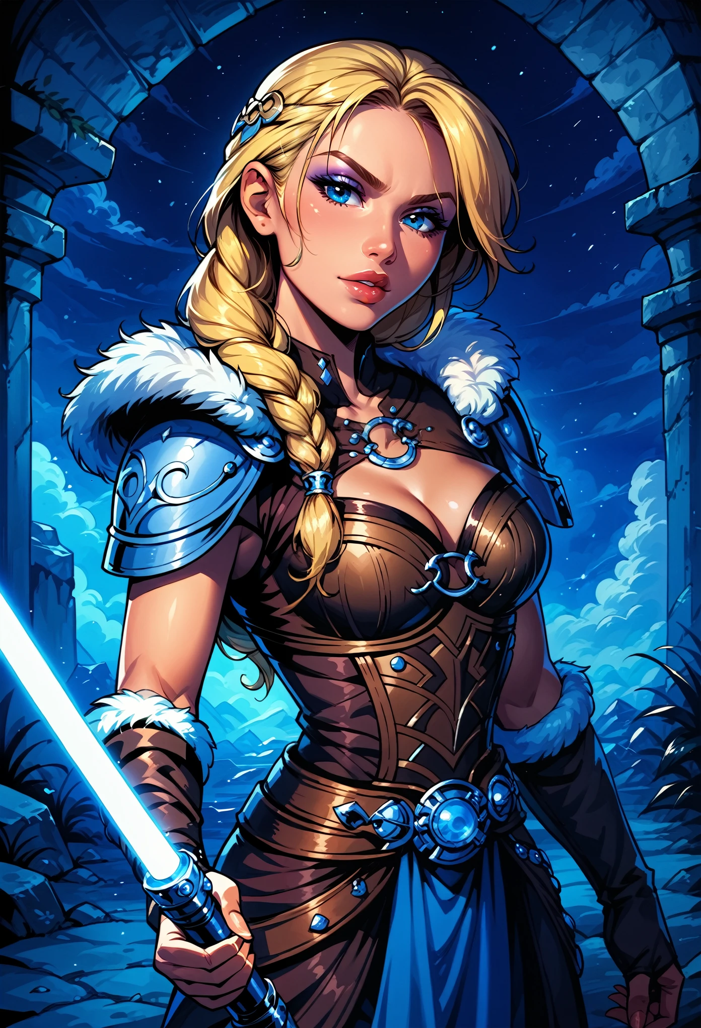 Dark Fantasy Art of score_9, score_8_up, score_7_up, rating_questionable, fantasy, lighting, epiCPhoto 1girl, solo, very sexy smuggler jedi (ASTRIDHOFFERSON, blonde hair, braid, Long hair, blue eyes, fur trim, shoulder armor, armor, pauldron:1.2), cleavage, flirt, gaze, sexy look, half-closed eyes, head tilt, filled lips, thick lips, makeup, confident look, swinging blue zzLightSaber, attack stance, motion lines from lightsaber, modelling shoot, sexy pose, rocky shore setting, dark, moody, dark fantasy style, (midnight, moonless night:1.1), cowboy shot.