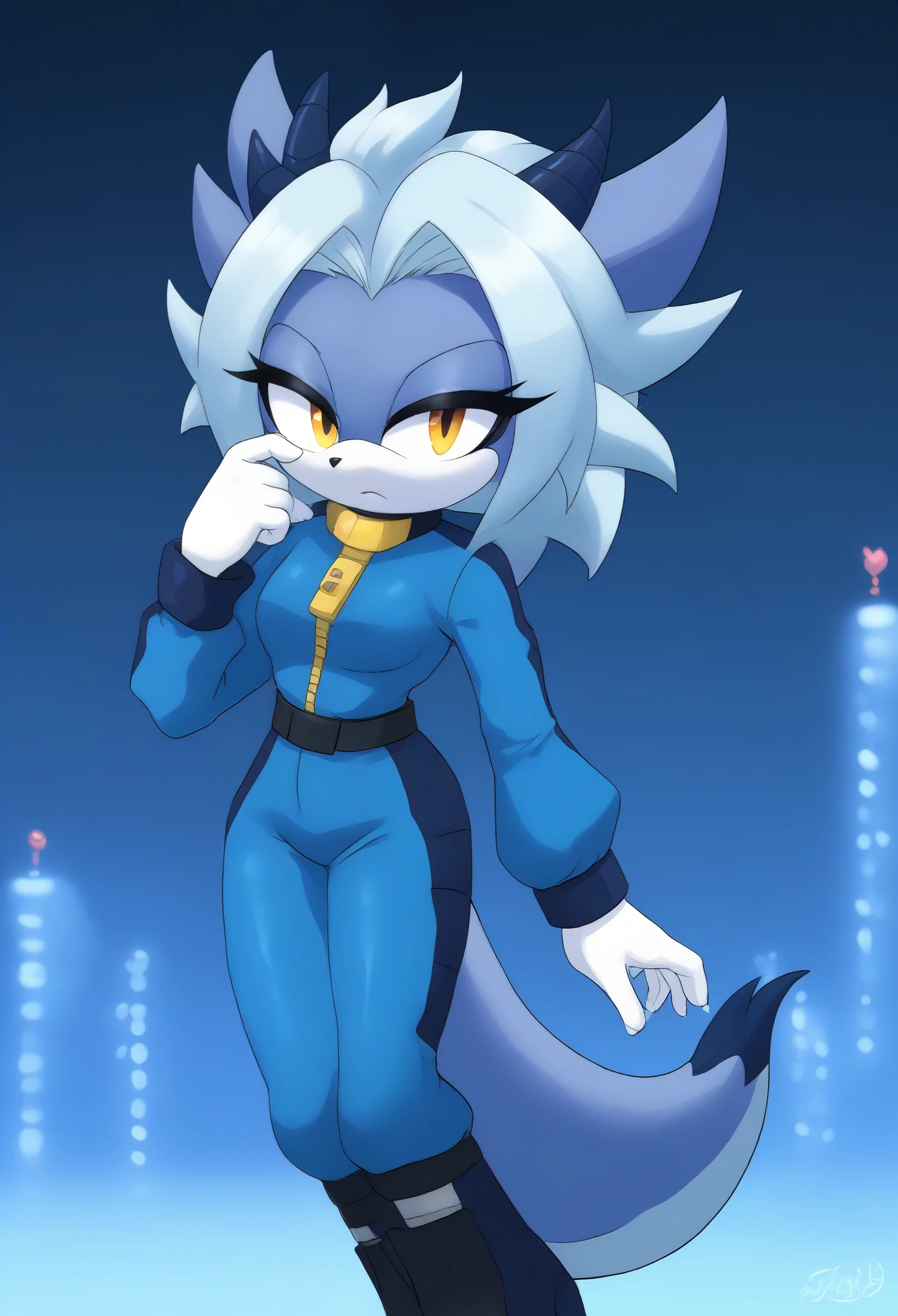 (1girl), (solo), (Female Dragon), (midnight blue colored fur), hair bangs, (light blue jumpsuit), ((short jumpsuit)), short silver open zipper at chest, slight cleavage, black belt with yellow buckle at waist, long sleeves, white and light blue boots, white gloves, dragon tail, fin-like tail tip, eyelashes, daytime, mobian, mobius city, city background, windy
