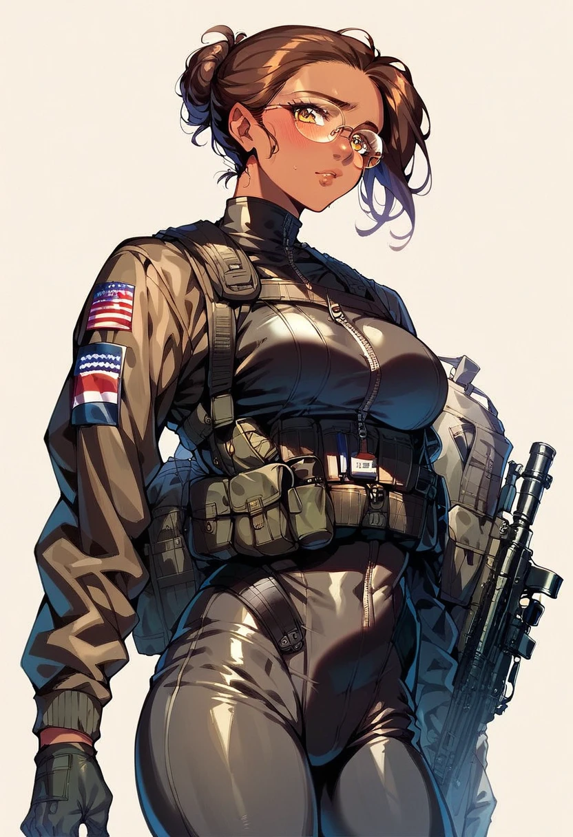 beautiful shy anime pilot woman, tanned skin, brown hair, aviator glasses, yellow eyes, tight black tactical millitary flightsuit
