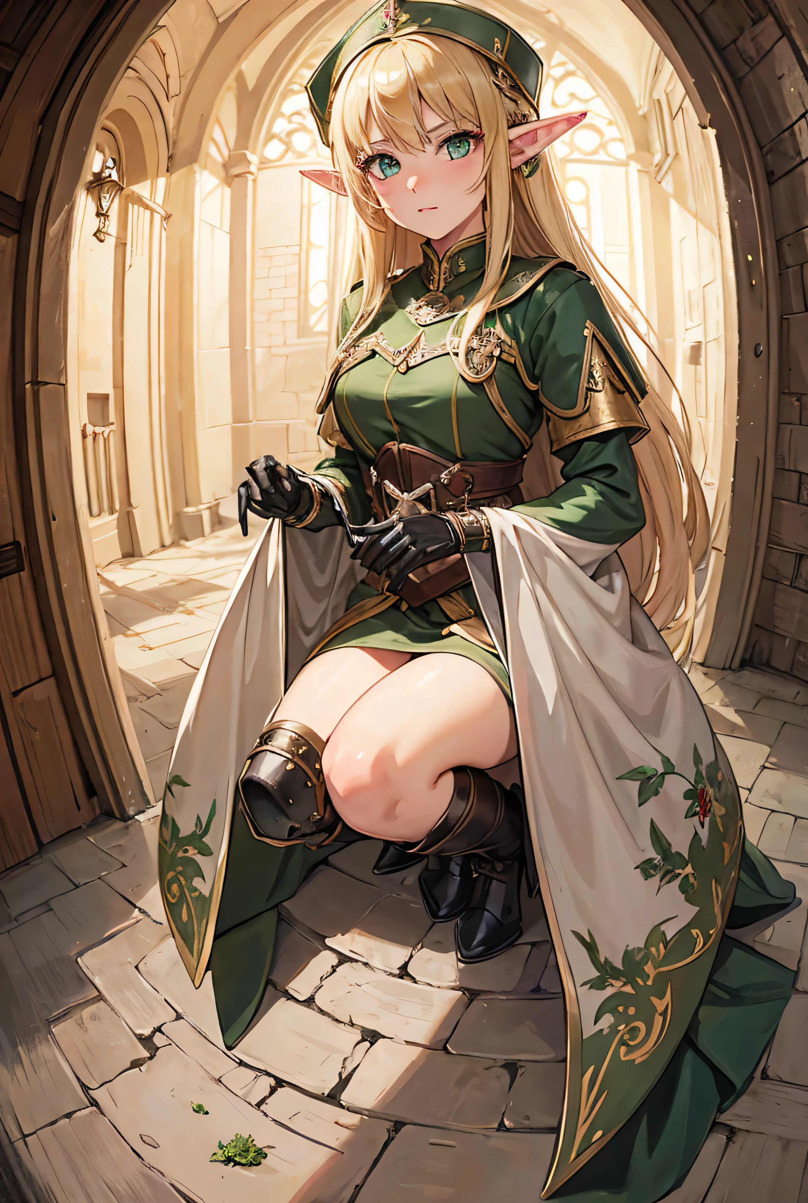 One Girl, Long Hair, strict, blonde, Green Eyes, knight, Fortress, Highest quality, High Resolution Model, Elf, Fisheye Shot,