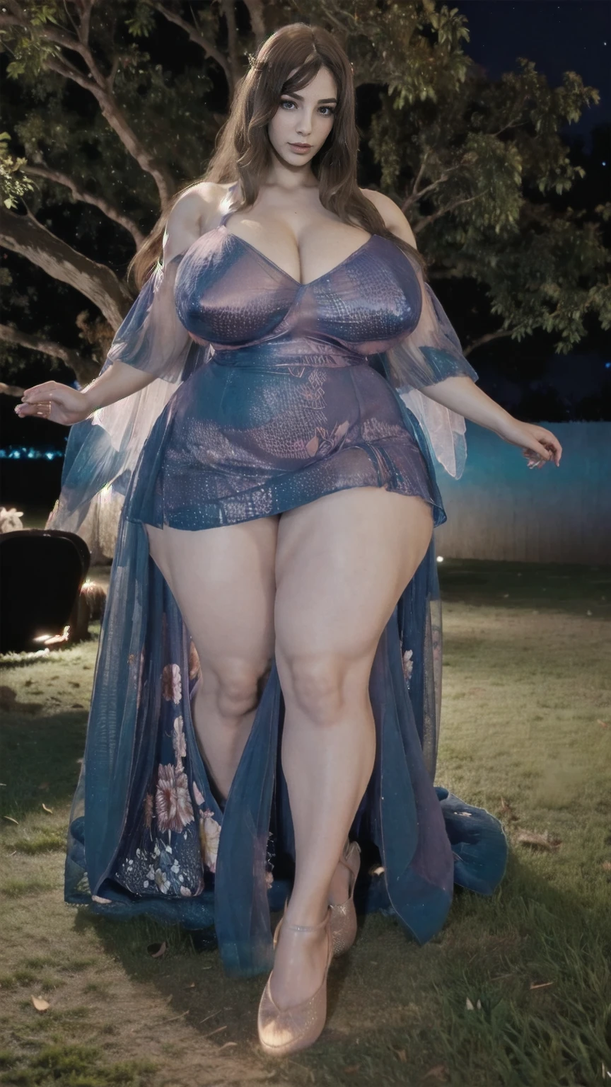  Big woman inside the manga tree at night setting there she looks like fairy tale wearing frock glowing effect clothes full body view POV from gorgeous face, breasts 