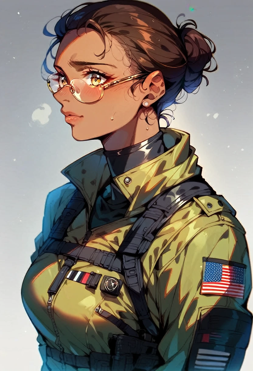 beautiful shy anime pilot woman, tanned skin, brown hair, aviator glasses, yellow eyes, tight black tactical millitary flightsuit
