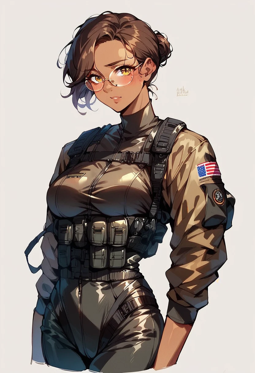 beautiful shy anime pilot woman, tanned skin, brown hair, aviator glasses, yellow eyes, tight black tactical millitary flightsuit, waist up